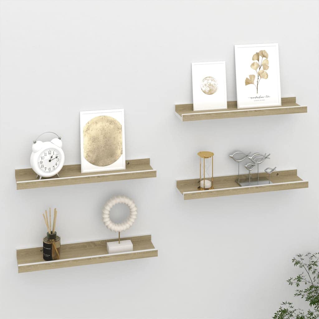 4-Pack Floating Wall Shelves Set - White & Sonoma Oak (15.7