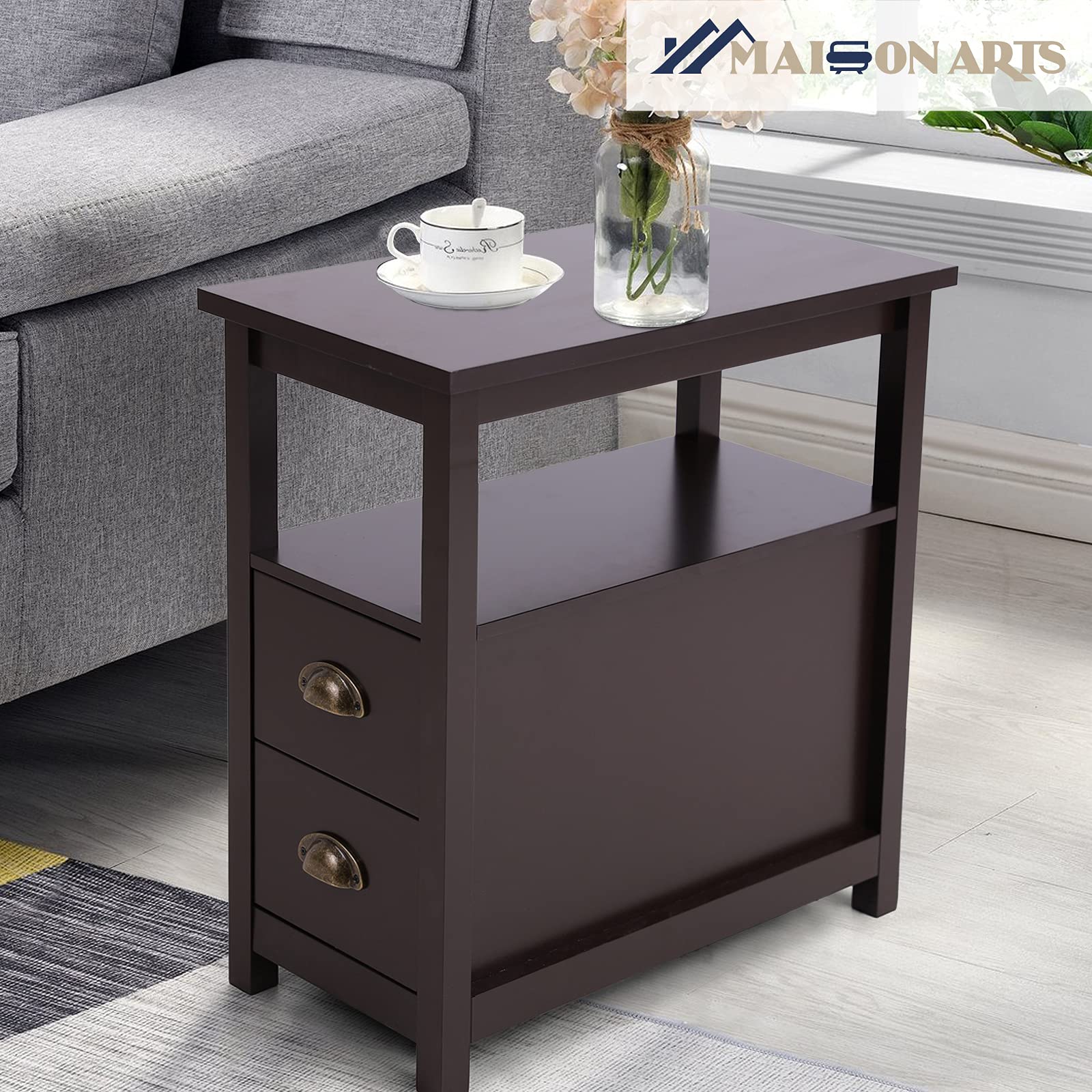 MAISON ARTS Brown Narrow End Table with 2 Storage Drawers & Open Shelf - Compact Sofa Side Table, Nightstand for Bedroom & Living Room - Perfect for Small Spaces, Apartment Decor, Coffee Table Alternative (Brown)