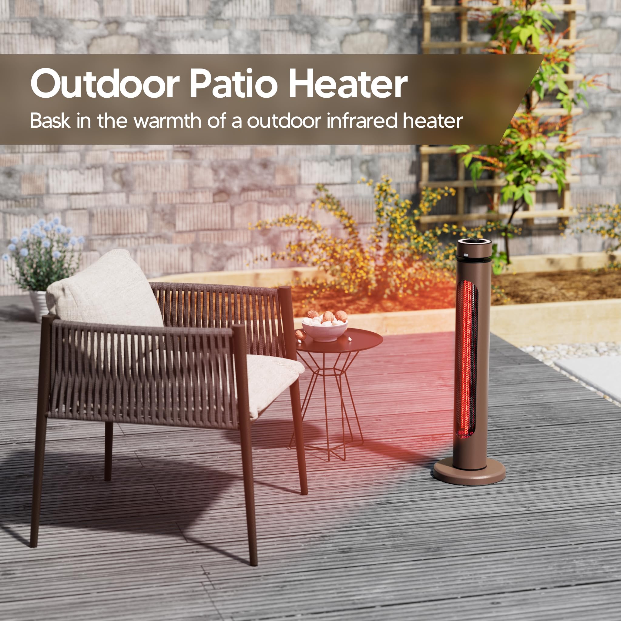 1500W Portable Outdoor Infrared Heater with 8 Heat Levels & 8H Timer - Carbon Fiber Tube Patio Heater with Tip-Over & Overheat Protection - IP65 Waterproof Electric Garden Heater (Brown) - Perfect for Patio, Deck, Garage, and Camping Use