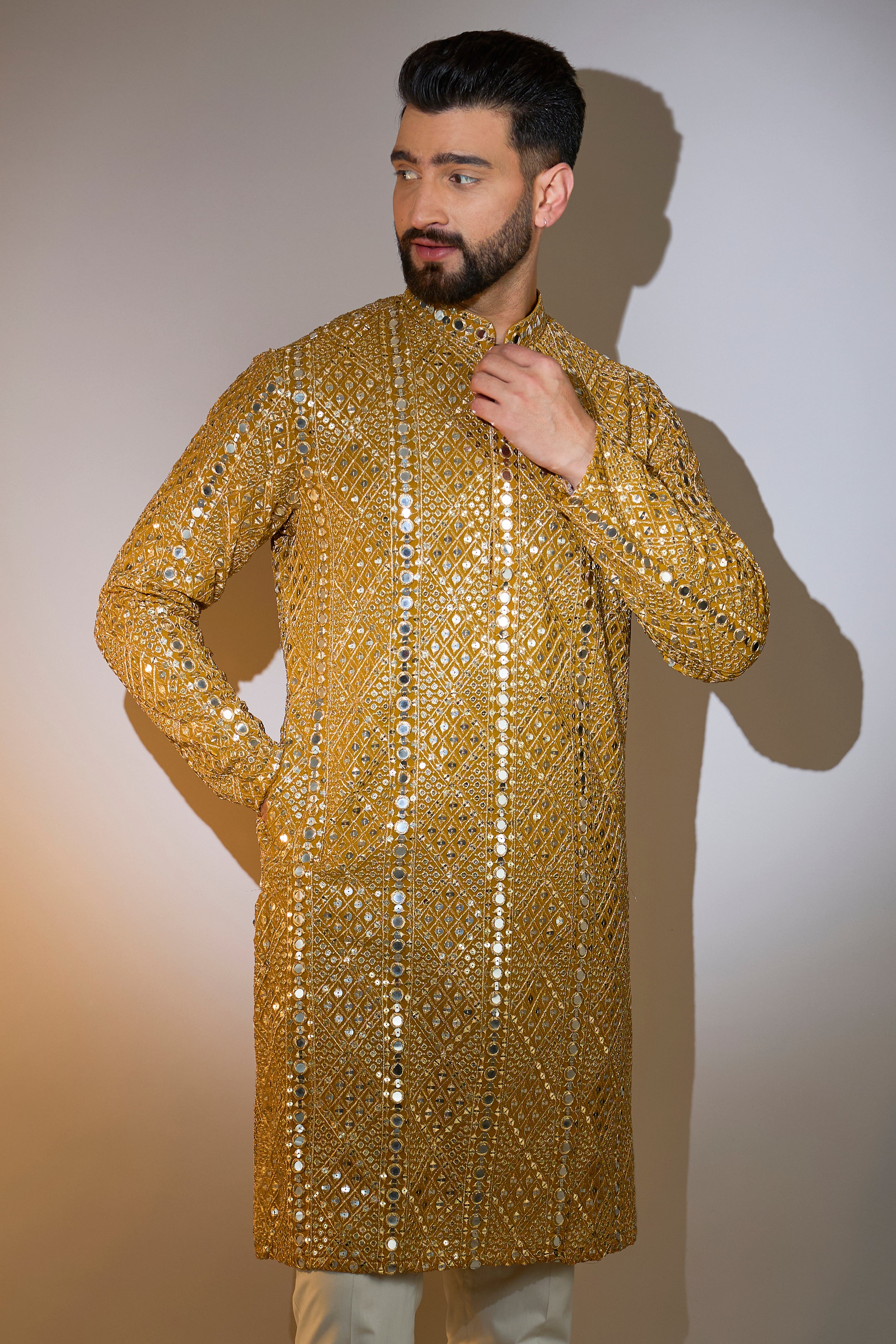 Mustard Mirror Work Kurta with Intricate Zari Embroidery - Elegant Ethnic Wear for Festivals, Weddings & Special Occasions