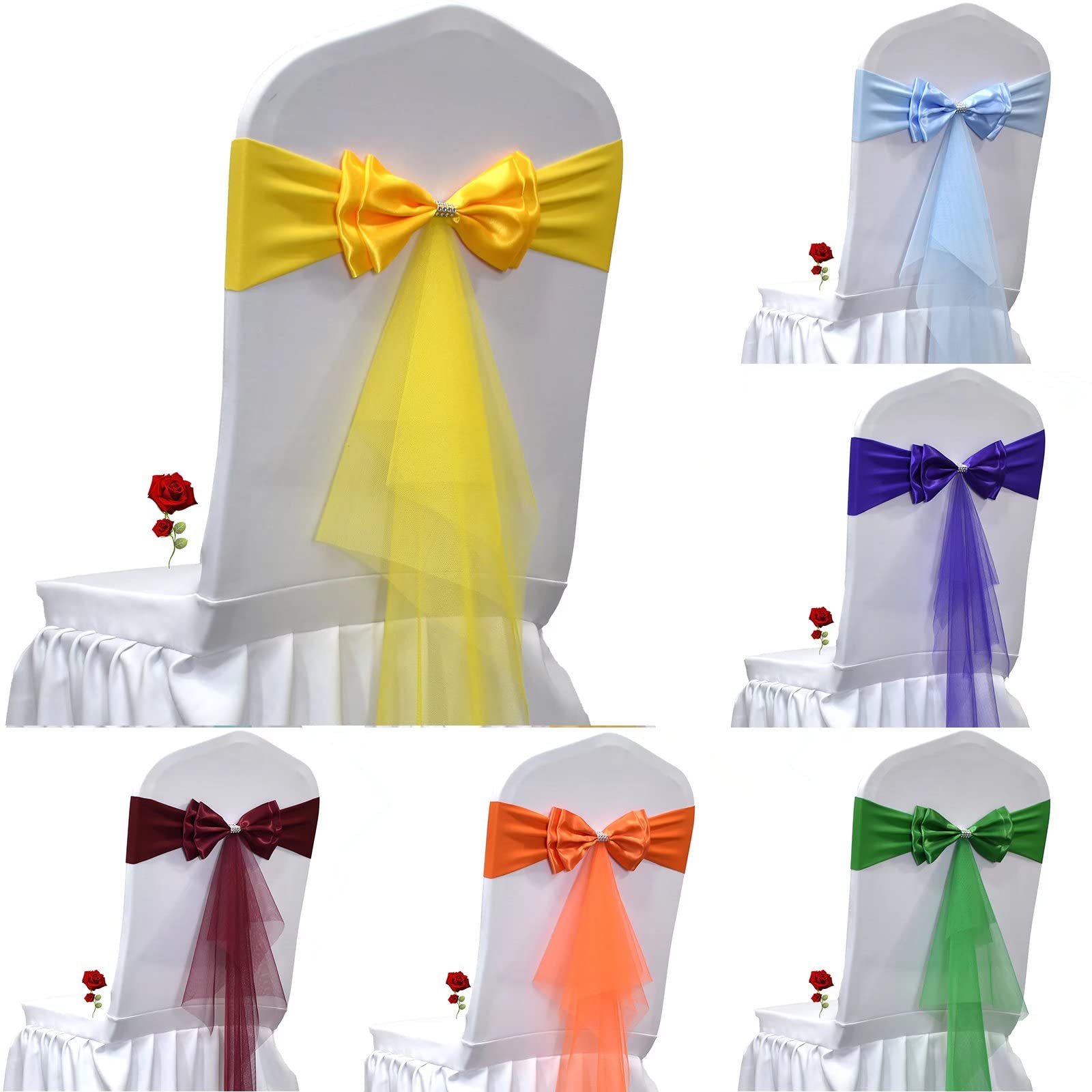 100 PCS Gold Yellow Organza Stretch Chair Sashes - Double Bows for Wedding, Party, Banquet Chair Decorations - Spandex Elastic Chair Bands for Bridal Showers, Baby Showers & Special Events