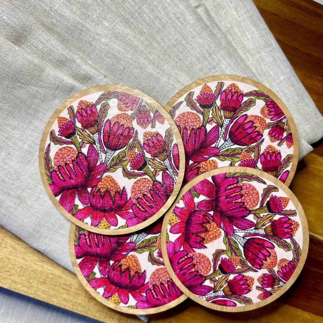 Waratah Flowers Coaster and Napkin Set - 6-Piece Floral Tableware for Dining, Kitchen, and Party Decor - Perfect for Home, Wedding, and Special Occasions