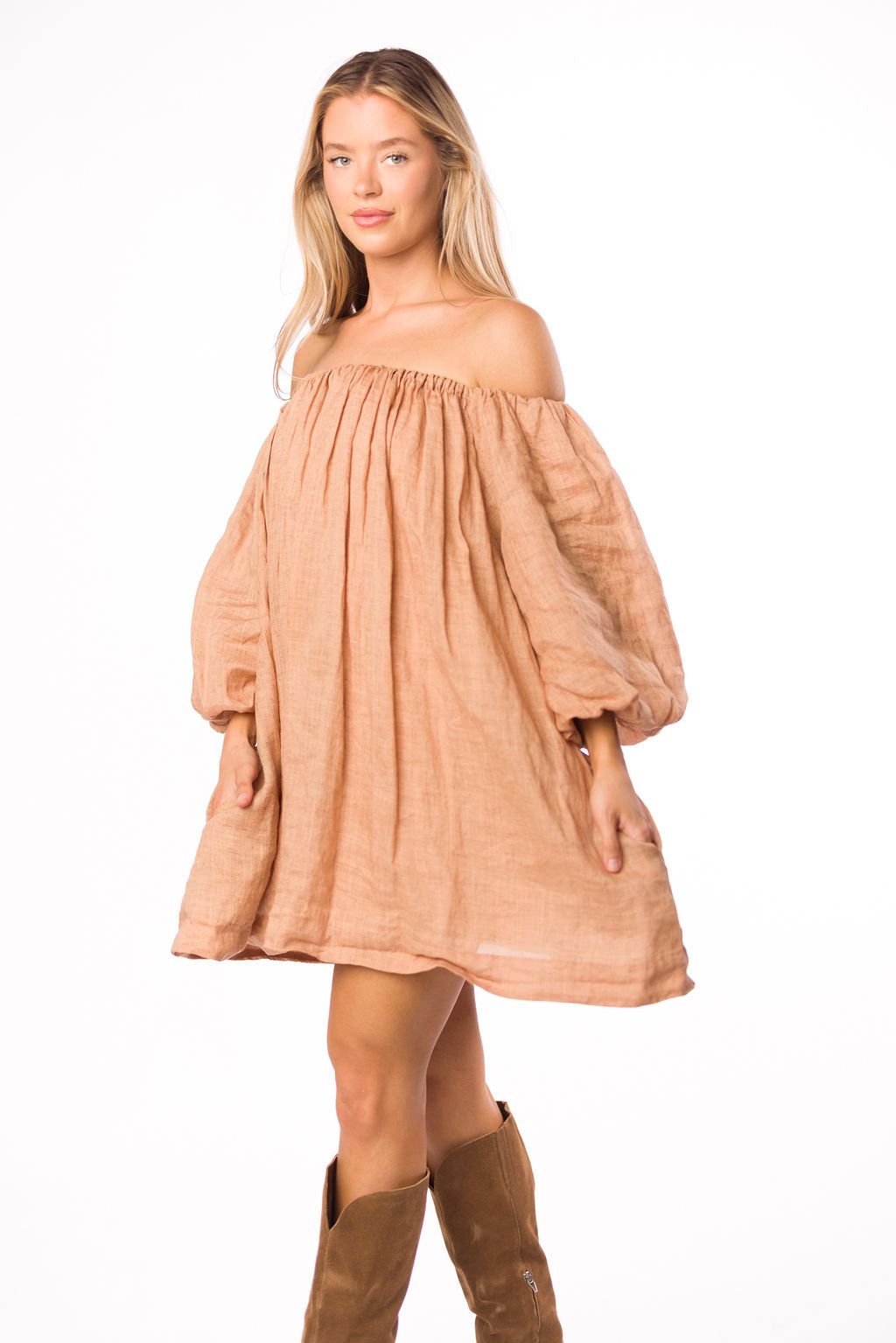 Cassidy 100% Linen Off Shoulder Mini Dress - Women's Summer Boho Dress in Mocha Brown | Beach Wedding, Vacation, Date Night Outfit
