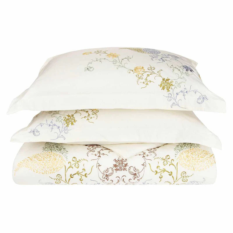 Hyacinth Floral Embroidered 3-Piece Duvet Cover Set - Queen Size Bedding with Pillow Shams - Elegant Botanical Design for Master Bedroom & Guest Room Decor
