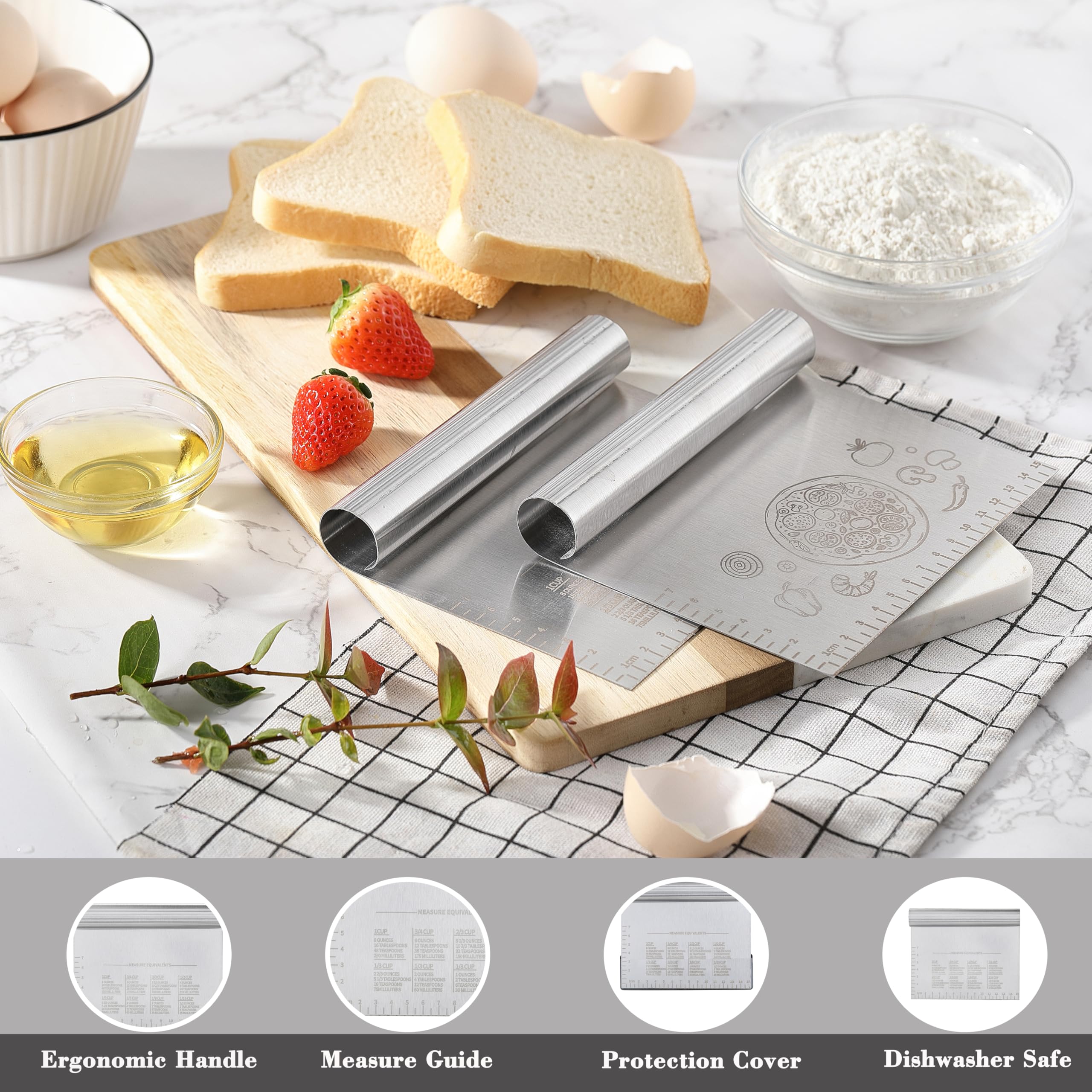 2-Pack Stainless Steel Bench Dough Scraper & Cutter - 6 Inch Professional Kitchen Tool with Protective Cover for Baking, Cooking, Pizza Dough - Perfect for Home Bakers & Commercial Kitchens (Silver)