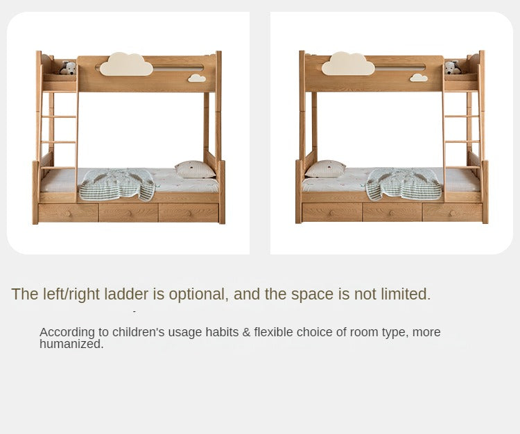 Solid Oak Wood Multi-Functional Bunk Bed with Ladder & Guardrails - Space-Saving Kids Bedroom Furniture for Siblings or Sleepovers