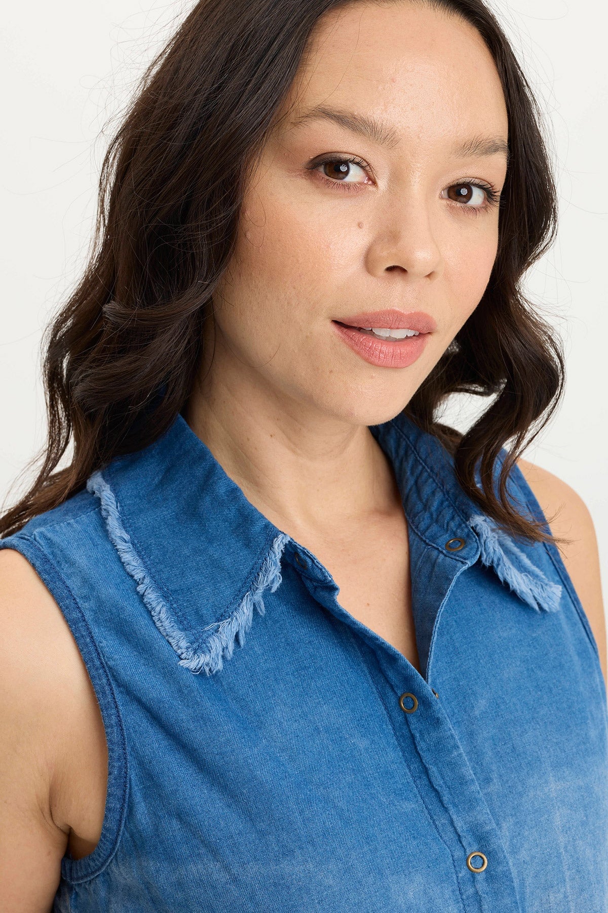 Tague Indigo Twill Knotted High-Low Snap Up Tank Top for Women - Casual Summer Outfit, Beachwear & Layering Staple