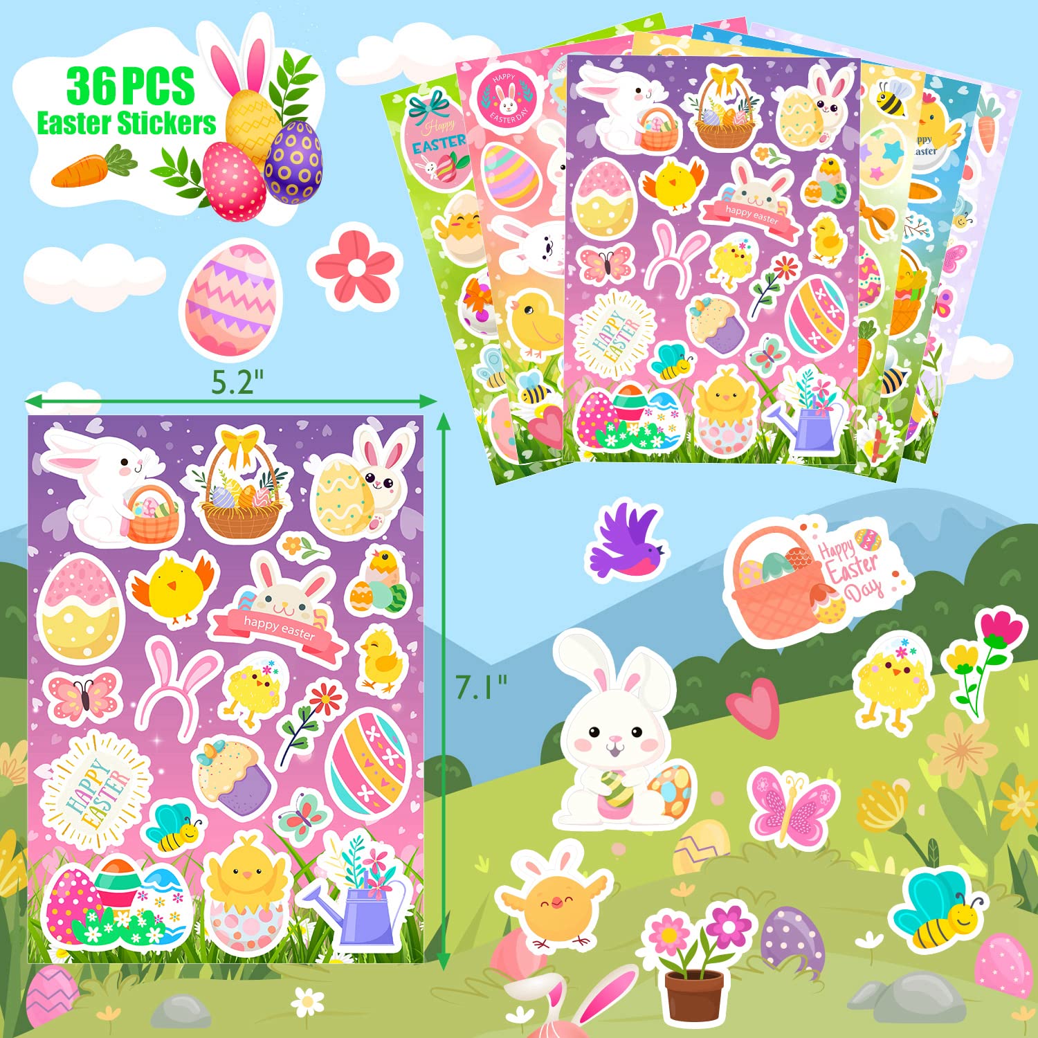 36 Sheets Easter Stickers for Kids - Bunny & Egg Decorations, Easter Party Favors, Basket Stuffers & Goodie Bag Fillers - Perfect for Easter Egg Decorating, Crafts, and Holiday Celebrations