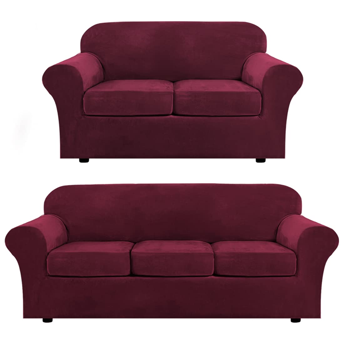 H.VERSAILTEX 4-Piece Velvet Plush Sofa Slipcover Set with 3-Piece Loveseat Cover - Burgundy Red - Soft Stretch Couch Covers for Living Room, Sectional Furniture Protection & Home Decor Upgrade