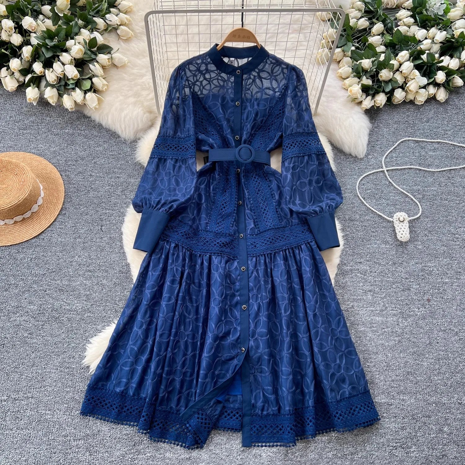 Elegant Hollow Out Lace Flower Embroidery Dress for Women - Stand Collar Bandage Party Midi Vestidos | Perfect for Autumn Weddings, Cocktail Parties & Special Occasions