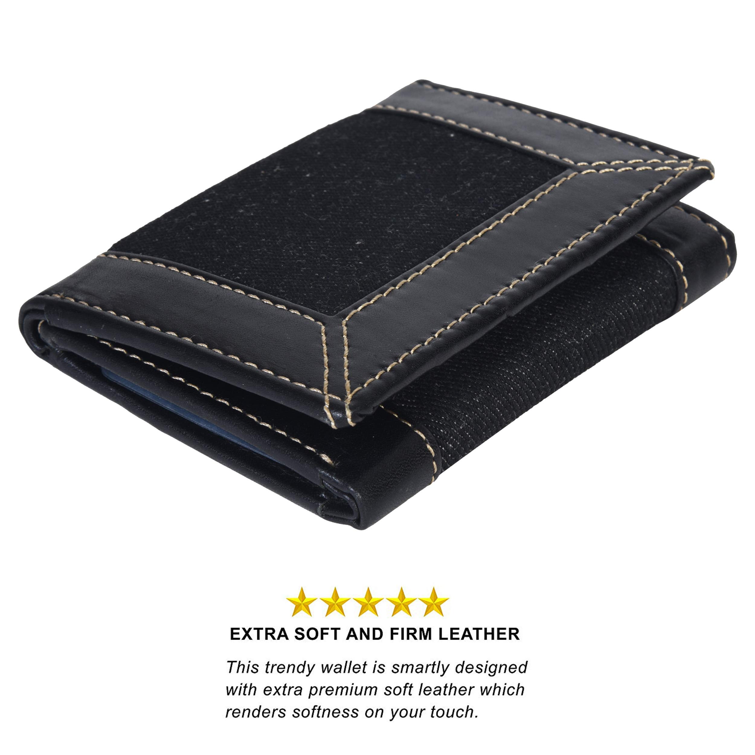 Premium Men's Slim Trifold Denim Wallet with ID Window & Credit Card Slots - Durable Designer Leather Wallet for Everyday Carry, Business & Travel - LeatherBoss