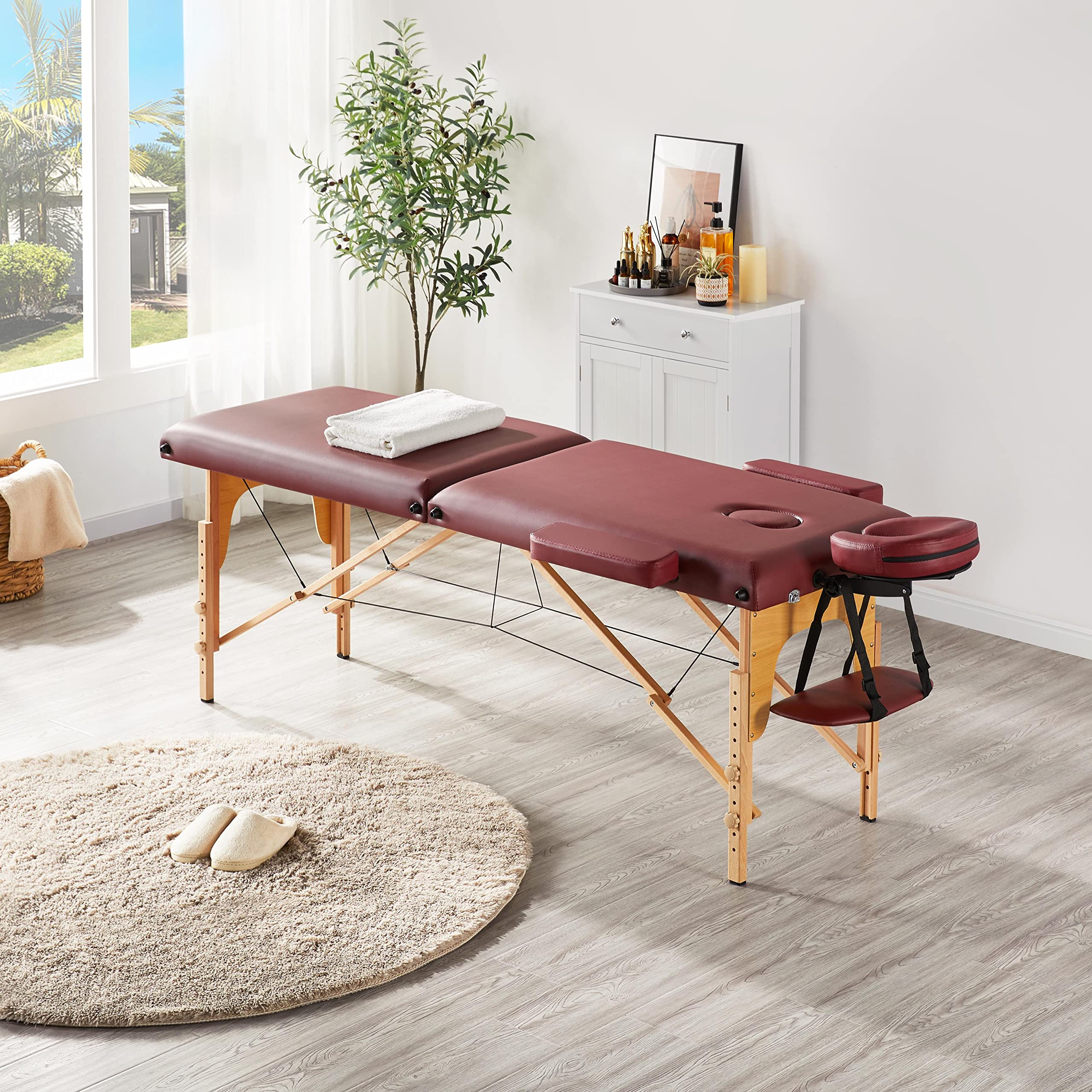 Yaheetech Portable Folding Massage Table - 24 Inch Adjustable Spa Bed for Lash Extensions & Facials w/ Non-Woven Carry Bag (Burgundy) | Perfect for Home Spa, Salon Professionals & Mobile Therapists