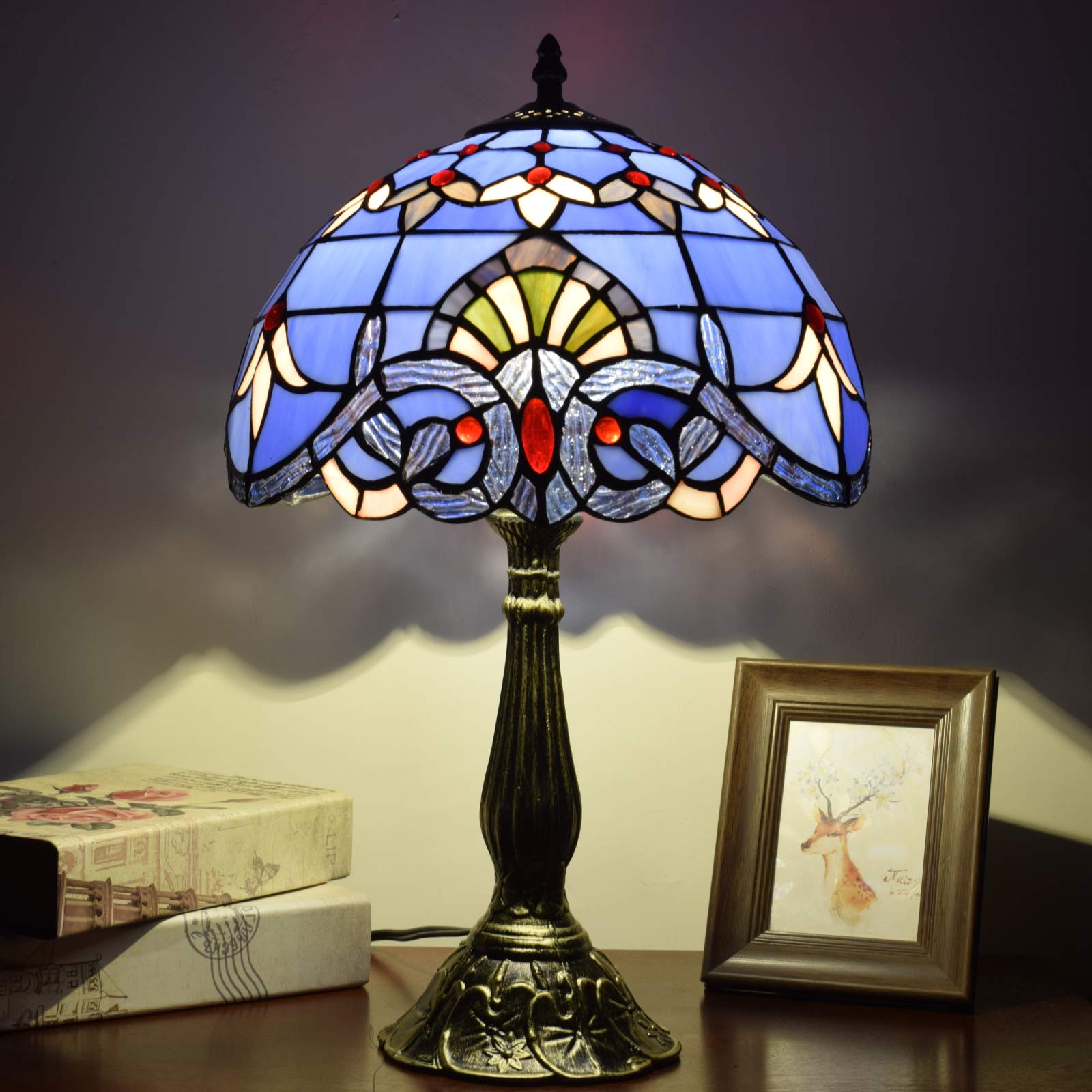Tiffany Style Stained Glass Table Lamp - Blue Baroque Design for Bedroom, Living Room, Office & Dorm | Includes Light Bulb | Perfect for Reading, Decor & Gift Giving (12x12x18 Inches)