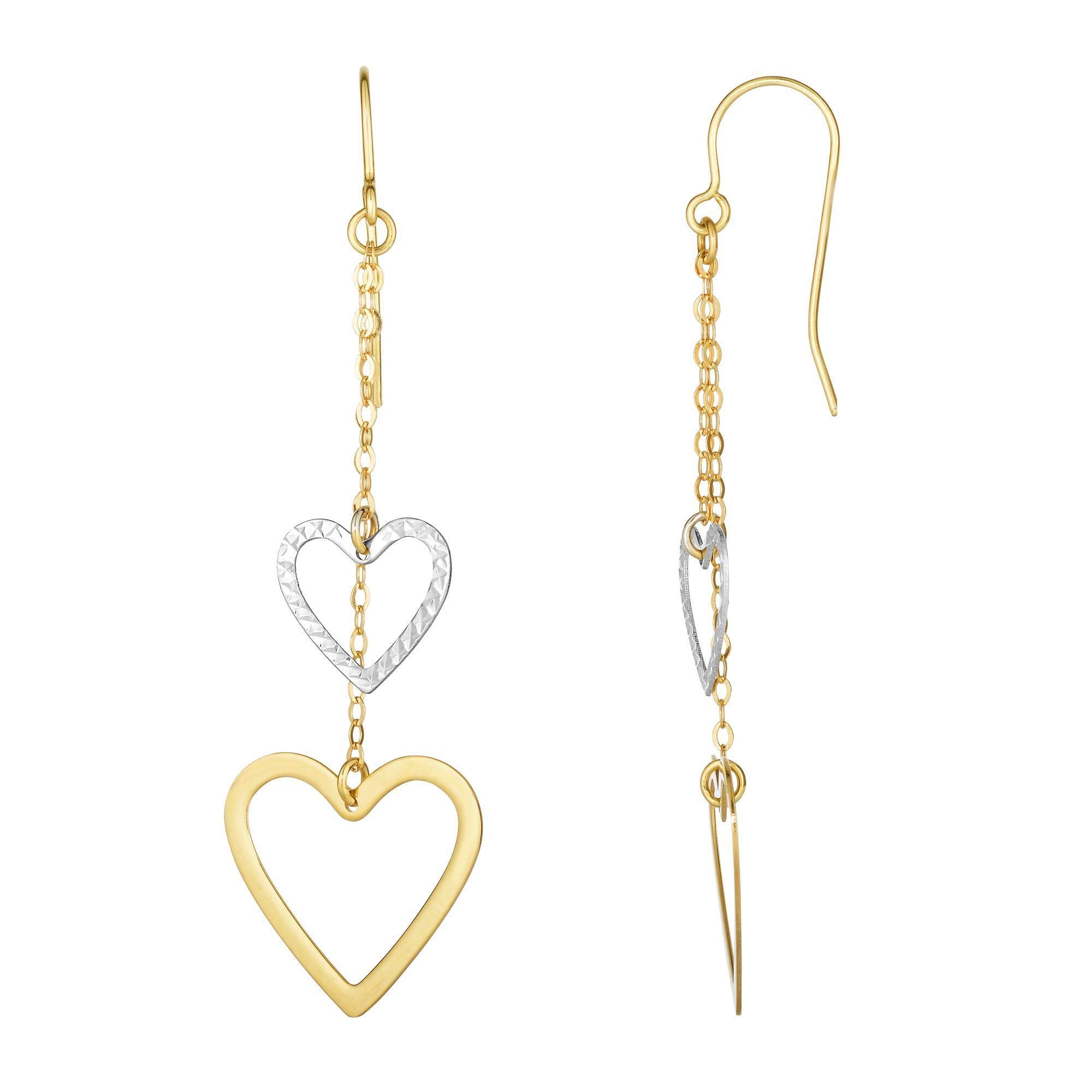 10Kt Yellow & White Gold Diamond Cut Open Heart Double Strand Drop Earrings with Euro Wire Clasp - Elegant Dangling Jewelry for Weddings, Parties & Special Occasions