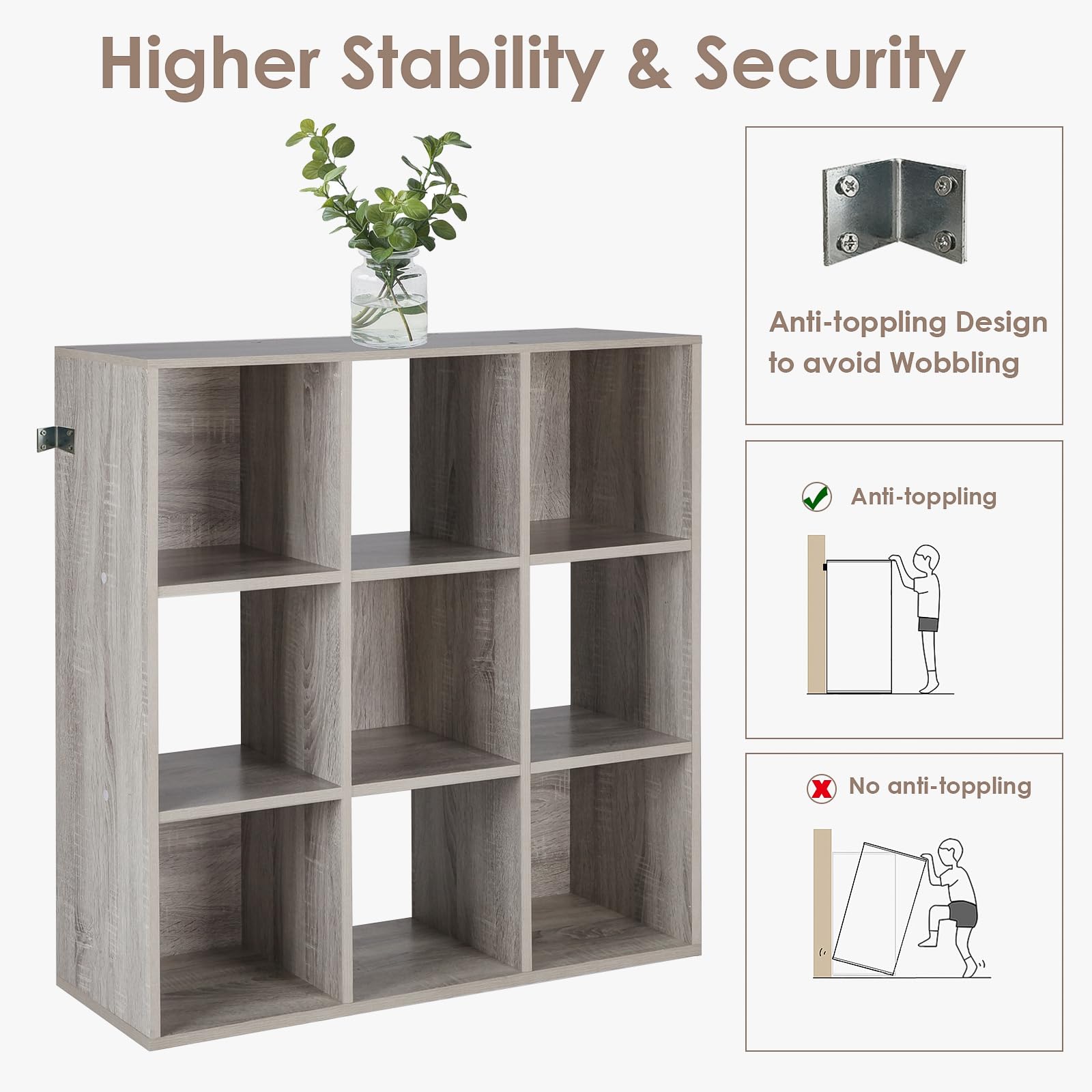 9-Cube Storage Organizer Bookshelf - Modular Shelf Unit for Closet, Living Room, Bedroom & Office - Space-Saving Oak Grey Cabinet with Storage Cubes - Perfect for Organizing Books, Toys, Shoes & Home Decor