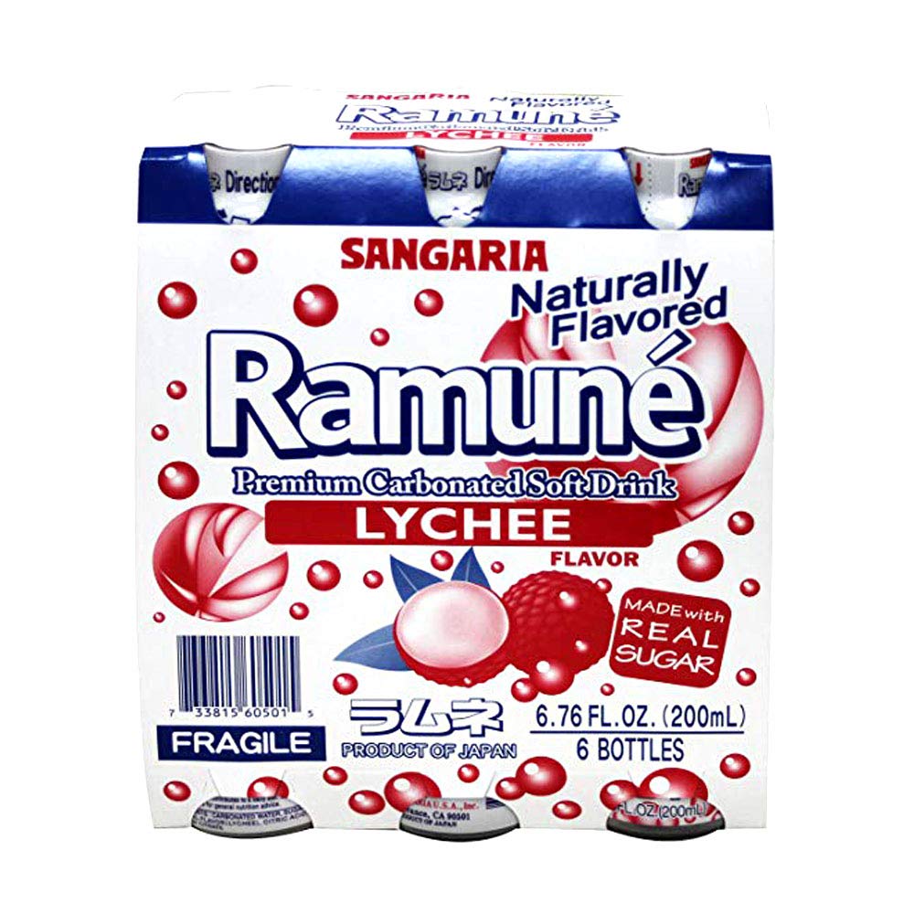 Sangaria Ramune Japanese Lychee Soda - 6.76 Fl Oz (6-Pack) | Refreshing Carbonated Drink for Parties, BBQs & Asian Cuisine Pairing