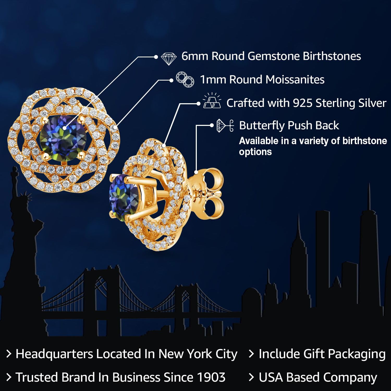Gem Stone King 18K Gold Plated Sterling Silver 6MM Round Birthstone Stud Earrings with White Moissanite & Removable Jackets - Perfect Gift for Women, Birthday, Anniversary, Mother's Day & Everyday Wear