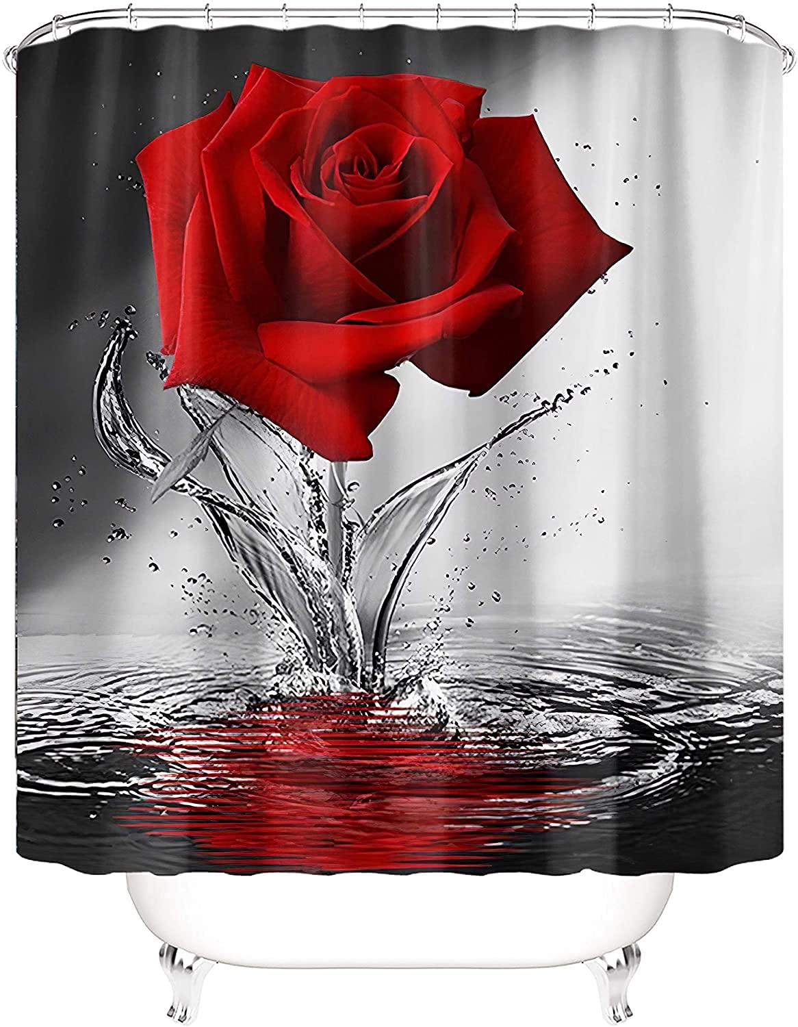 YJDD Romantic Floral Shower Curtain - Black & White Red Rose Reflection on Water Vintage Bathroom Decor, 72x72 Inch with Hooks - Perfect for Boho, Farmhouse & Retro Style Bathrooms