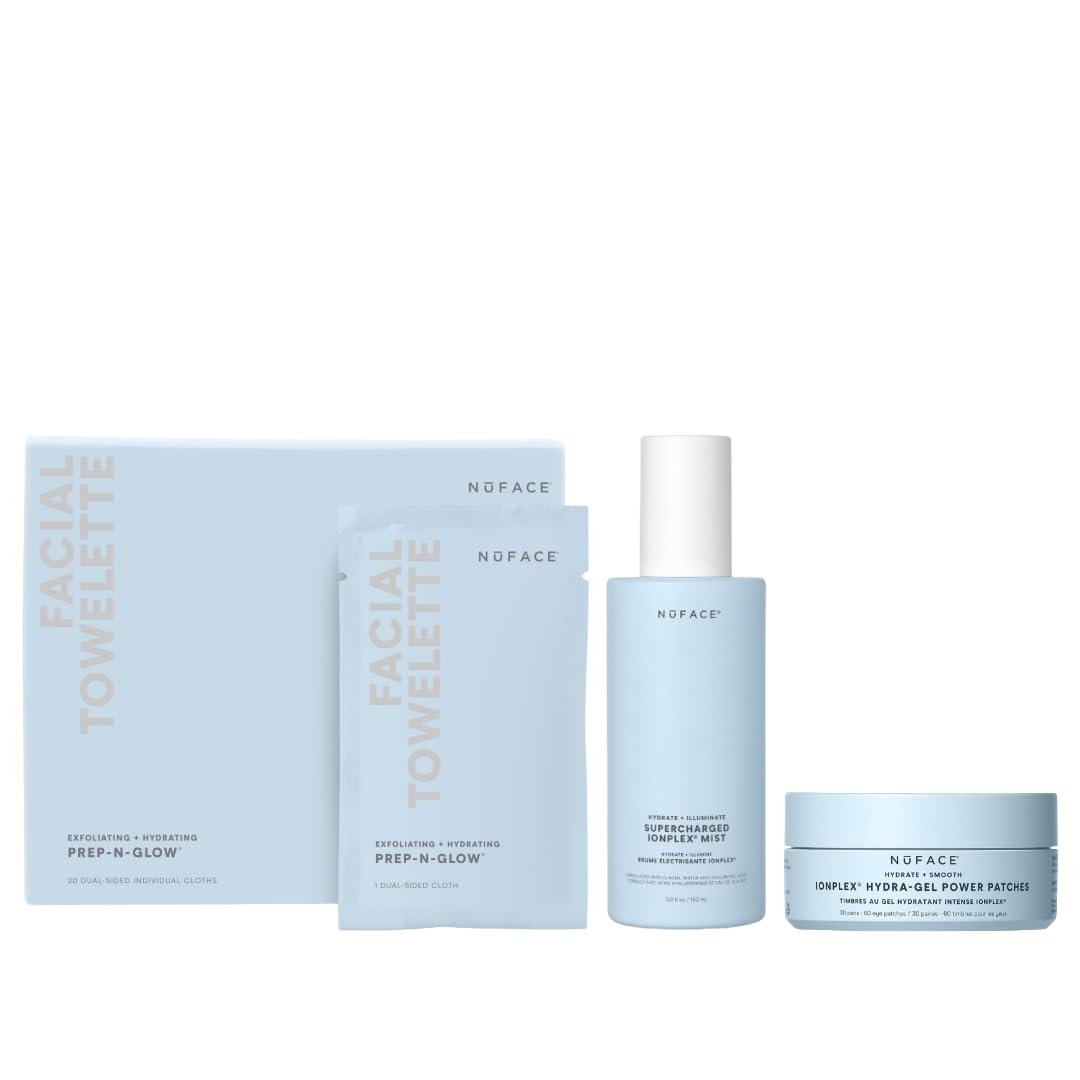 NuFACE Hydration Bundle with IonPlex Hydra-Gel Power Patches, Supercharged Facial Mist & Prep-N-Glow Towelettes - 3-Piece Skincare Set for Microcurrent Treatment & Moisture Lock - Perfect for At-Home Facial Routine & Travel Skincare Essentials