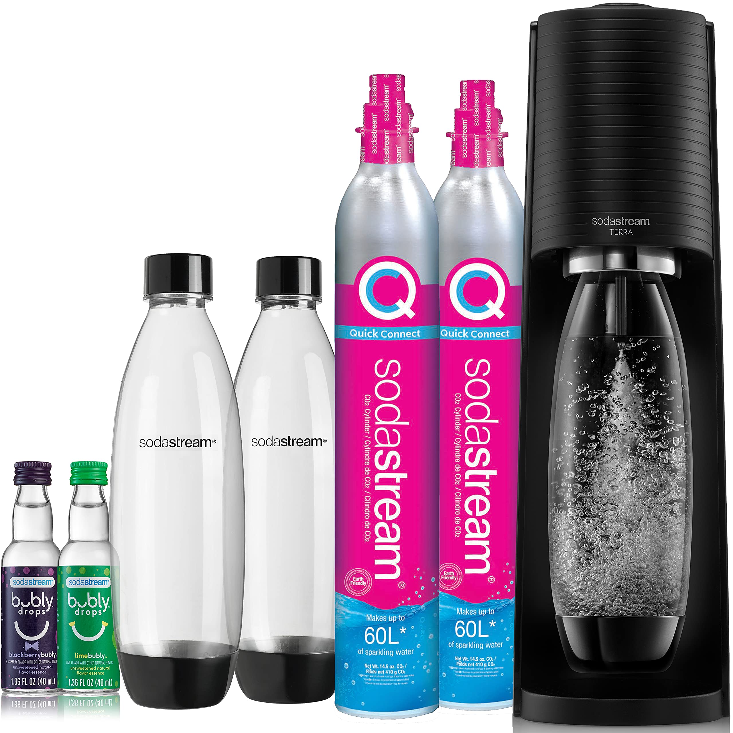 SodaStream Terra Sparkling Water Maker Kit - Black | Includes CO2 Cylinder, 2 DWS Bottles & Bubly Drops (6 Flavors) | Make Carbonated Water at Home for Cocktails, Mocktails & Healthy Hydration