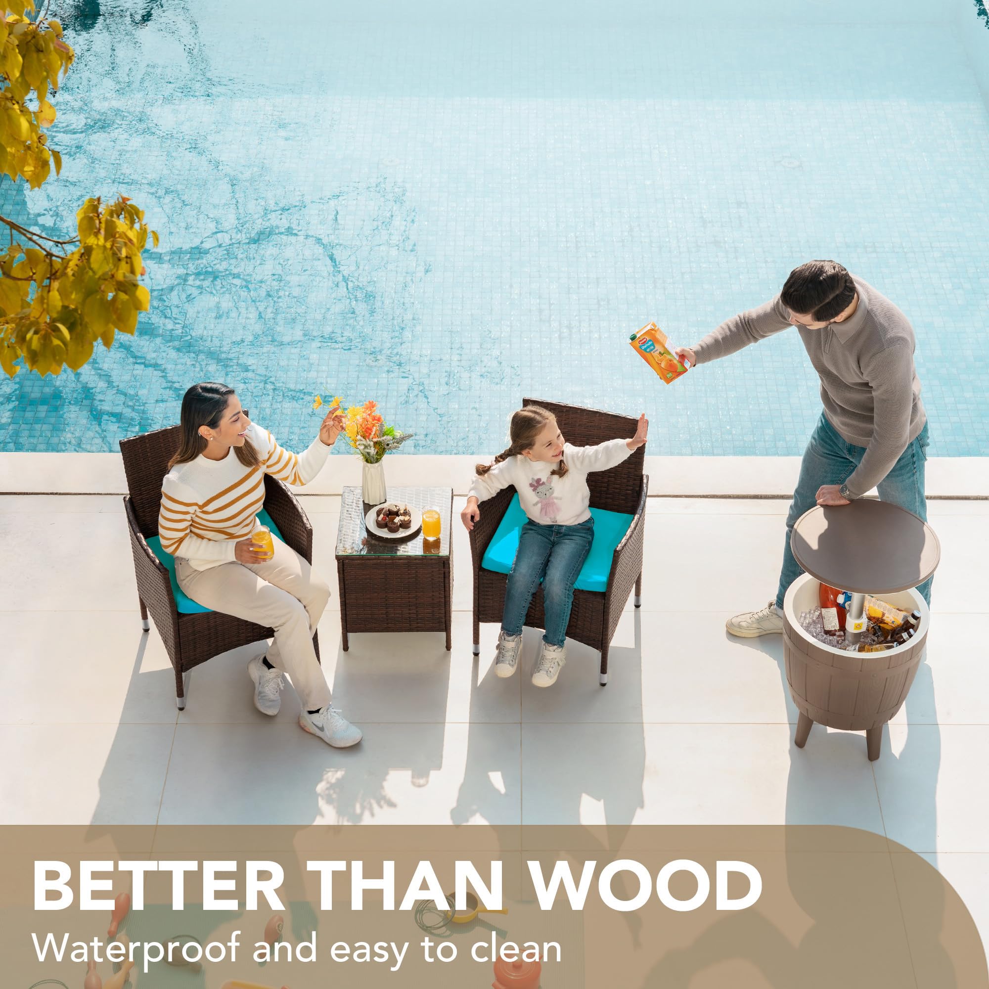 Devoko 3-Piece PE Rattan Wicker Patio Furniture Set with Table - Outdoor Garden Chairs for Porch, Backyard & Poolside (Brown/Blue) - Perfect for Relaxing, Entertaining & Sunbathing