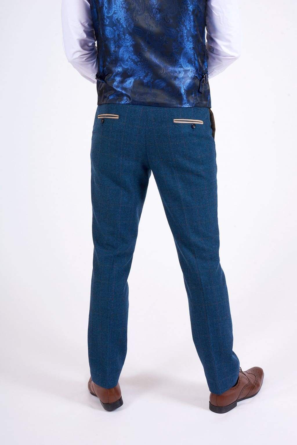 Marc Darcy Dion Men's Blue Check Tweed Trousers - Classic Slim Fit Dress Pants for Business, Office & Formal Occasions