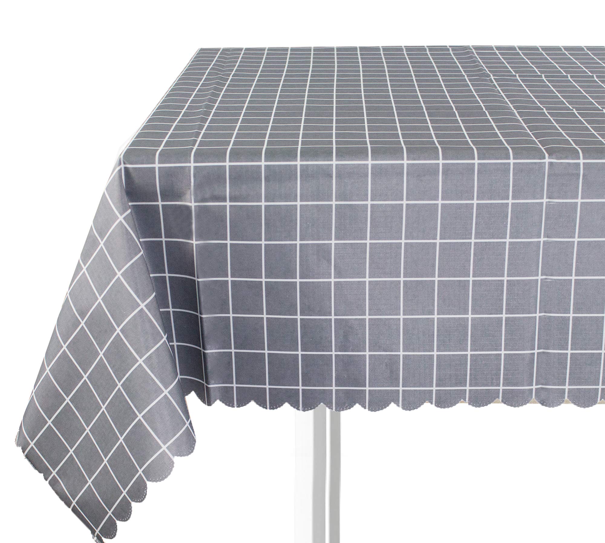 Fennco Styles Check Plaid Waterproof Scalloped 55 x 71 Inch Tablecloth - Grey Wipeable Oilproof Wrinkle-Free Table Cover for Dining Room, Kitchen, Holiday Decor & Outdoor Picnics