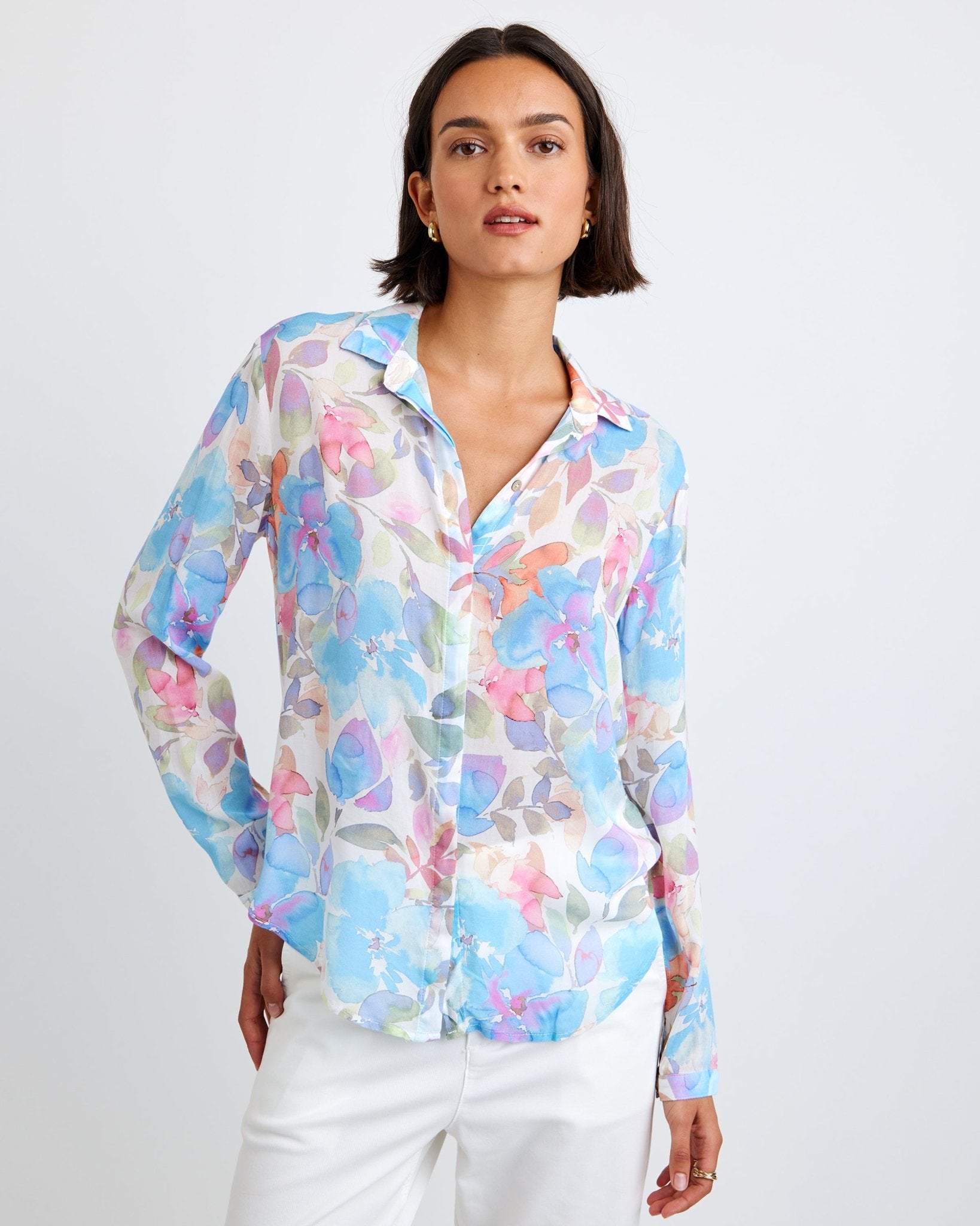 Floral Garden Print Hipster Shirt for Women - Trendy Clean Front Top for Casual Wear & Summer Outfits
