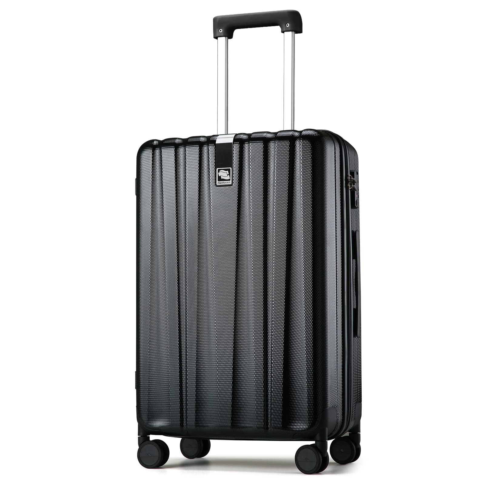 Hanke 24 Inch Lightweight PC Hard Shell Spinner Wheel Luggage Suitcase with TSA Travel Lock - Jet Black Checked-Medium Size for Air Travel & Business Trips