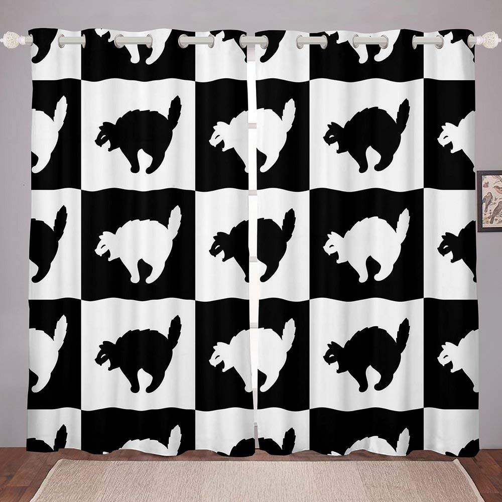 Black and White Checkered Cat Print Curtains with Grommets - 2 Panels (104