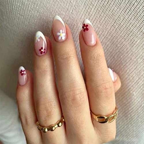Press On Nails French Tip - UV Finish Short Almond Shape Fake Nails with White & Red Floral Design, Reusable Semi-Transparent Artificial Nails for Women & Girls (24Pcs, 12 Sizes) - Perfect for Parties, Weddings, Date Nights & Special Occasions