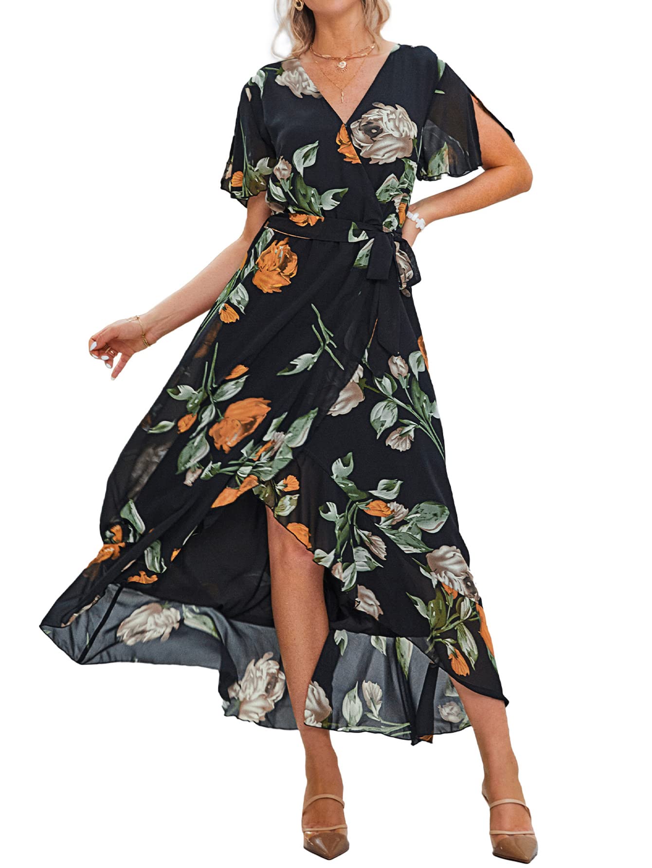 BerryGo Women's 2024 Floral Print Ruffle Wrap Maxi Dress - Elegant Boho Wedding Guest & Bridesmaid Gown for Beach Parties, Garden Weddings & Summer Events
