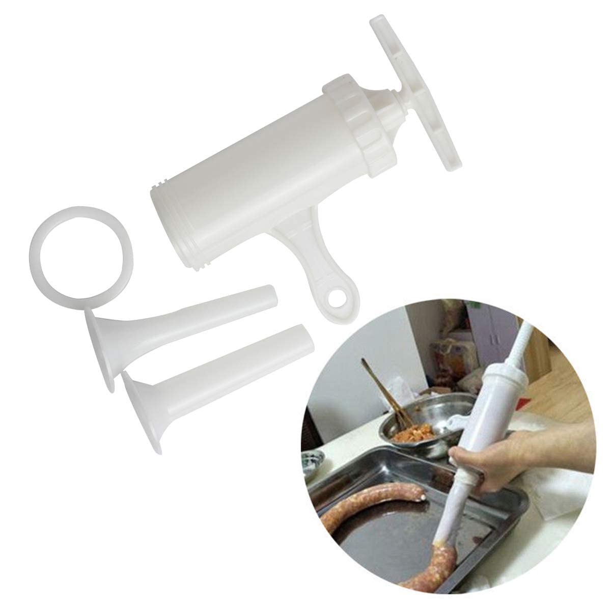 Premium Manual Sausage Stuffer - Hand Operated Meat Filler & Salami Maker with Stainless Steel Funnel (White, Large Size) - Perfect for Home Kitchen, BBQ Parties & Charcuterie Making