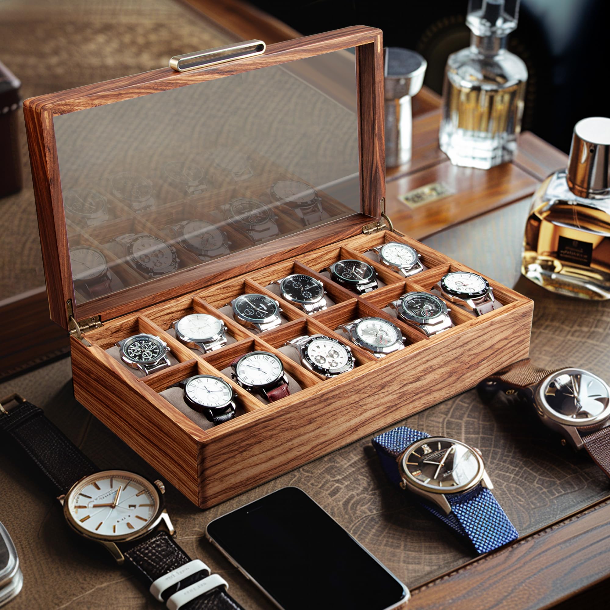 Premium Zebra Wood Watch Case for Men - 12-Slot Luxury Watch Box with Glass Lid & Soft Pillows | Watch Holder, Display Case & Organizer | Perfect Gift for Watch Collectors & Travel Storage Solution
