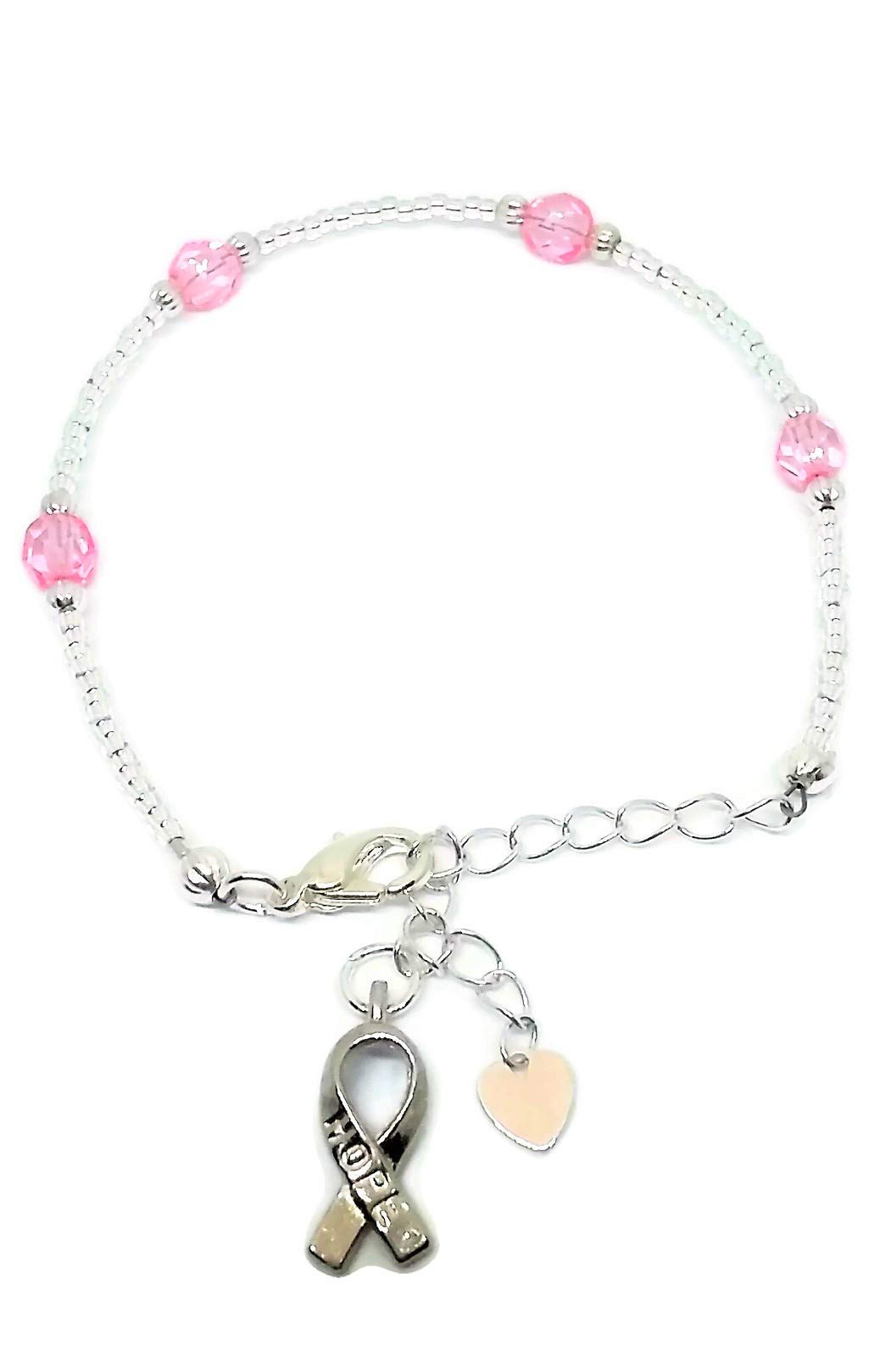 Breast Cancer Awareness Ankle Bracelet - Silver Tone Pink Ribbon Anklet with Heart Charm for Women | Hope & Support Jewelry Gift for Survivors, Fundraisers and Awareness Events