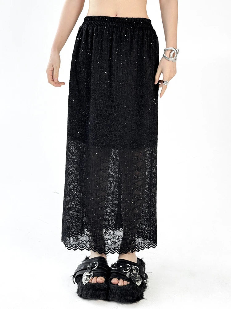 Black Lace T-Shirt & Back Slit Skirt 2-Piece Set - Round Neck Short Sleeve Women's Fashion Outfit for Spring Summer 2025 | Casual Wear, Date Night, Office Attire