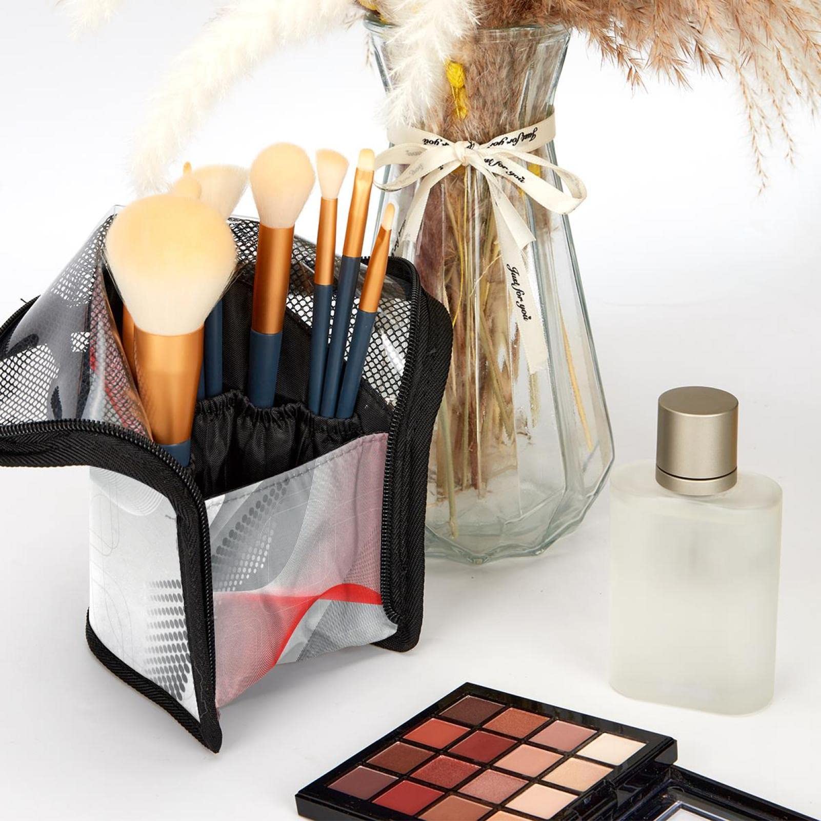 12-Piece Makeup Brush Organizer Bag Set - Abstract Geometric Design Portable Holder Case for Travel & Home Vanity Storage | Perfect for Makeup Artists & Beauty Enthusiasts
