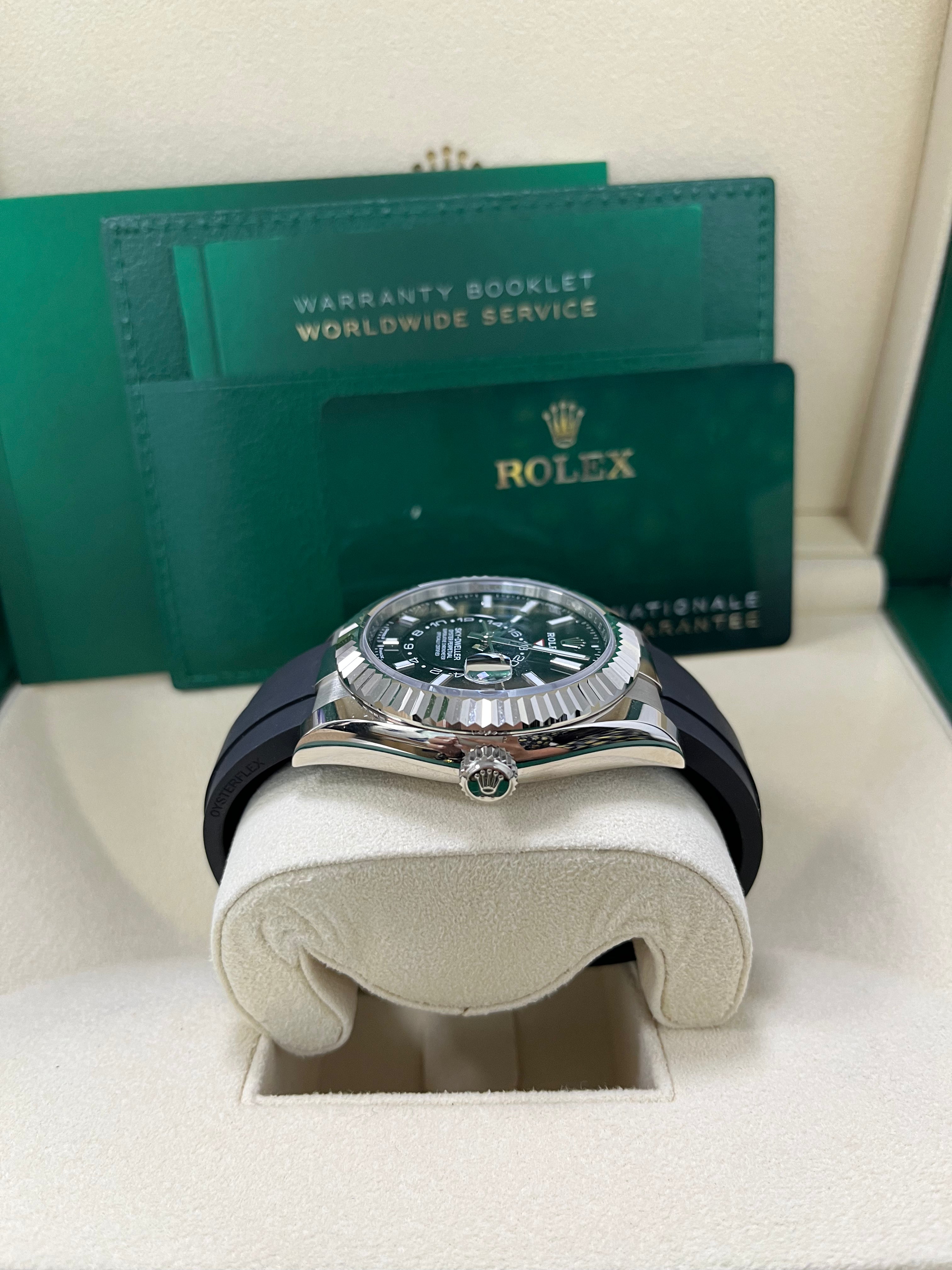 Rolex Sky-Dweller 42mm White Gold Watch with Fluted Bezel, Black Index Dial & Oysterflex Strap Ref. 336239 - Luxury GMT Master for Travel & Business Professionals