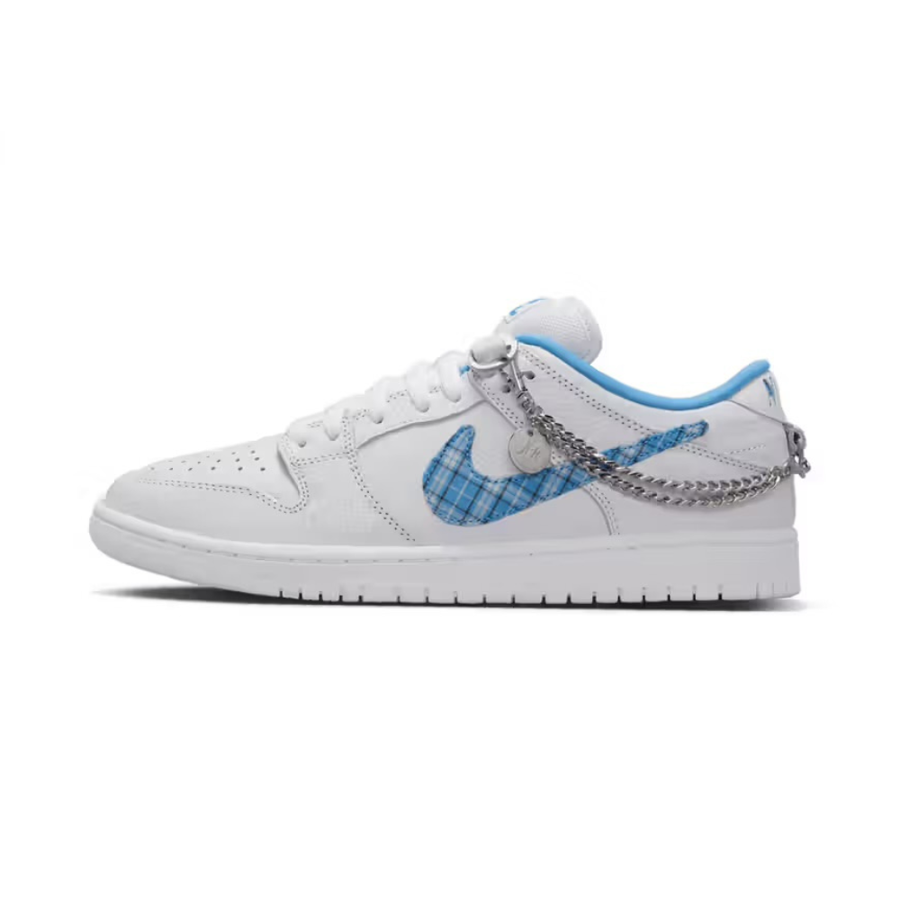Nike SB Dunk Low Pro Sneakers in White, University Blue, Midnight Navy & Pure Platinum - Perfect for Skateboarding, Casual Wear & Street Fashion