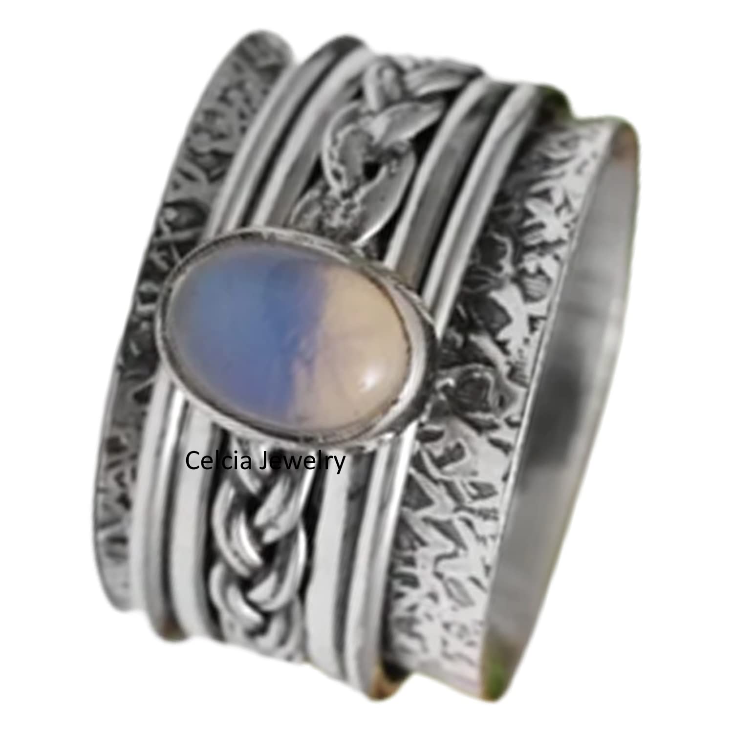 Moonstone Cabochon Oval Spinning Ring - Handmade Unisex Meditation & Fidget Ring for Anxiety Relief - Delicate June Birthstone Jewelry (US Size 7) - Perfect for Stress Relief, Mindfulness Practice & Everyday Wear
