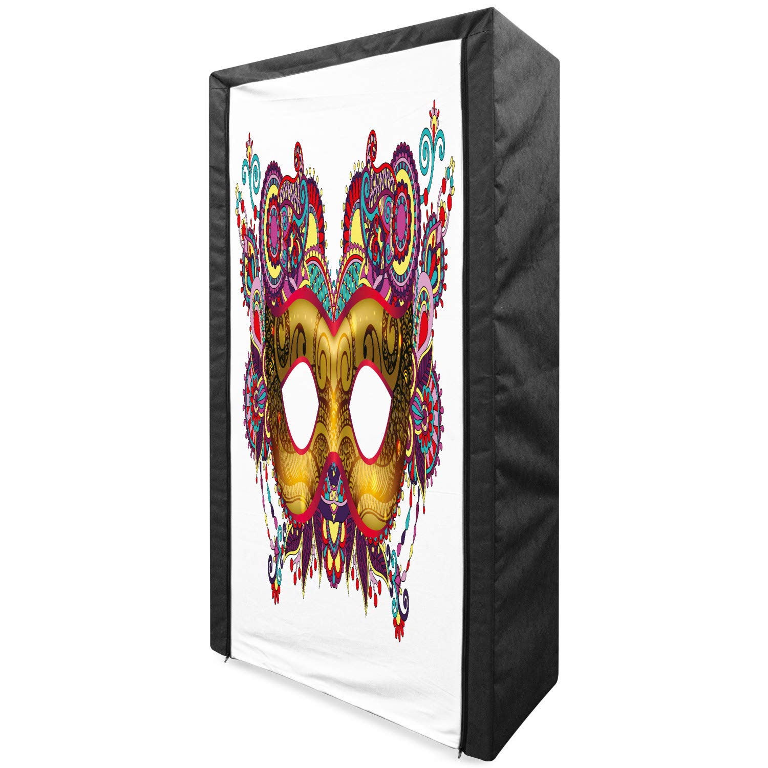 Ambesonne Mardi Gras Portable Fabric Wardrobe with Ornate Floral Details - Yellow Traditional Carnival Festival Clothing Organizer & Storage Closet with Shelves (33.5 Inch, Multicolor) - Perfect for Holiday Decor, Costume Storage & Bedroom Organization