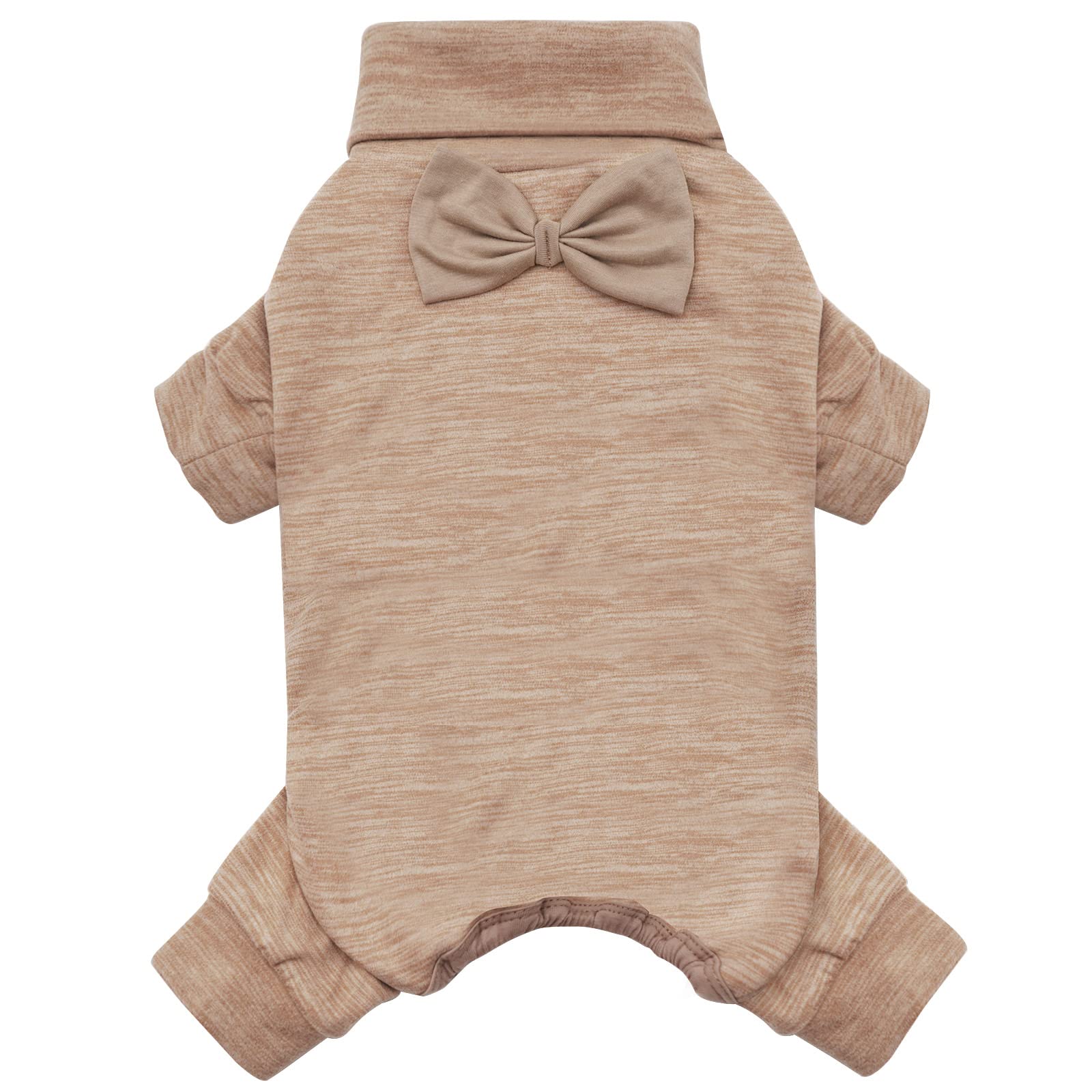 KYEESE Stretchy Dog Sweater with Bowtie - Super Soft & Warm Turtleneck Dog Pajamas for Small Dogs - Cozy Winter Dog Onesie for Cold Weather (Khaki) - Perfect for Indoor Lounging & Outdoor Walks