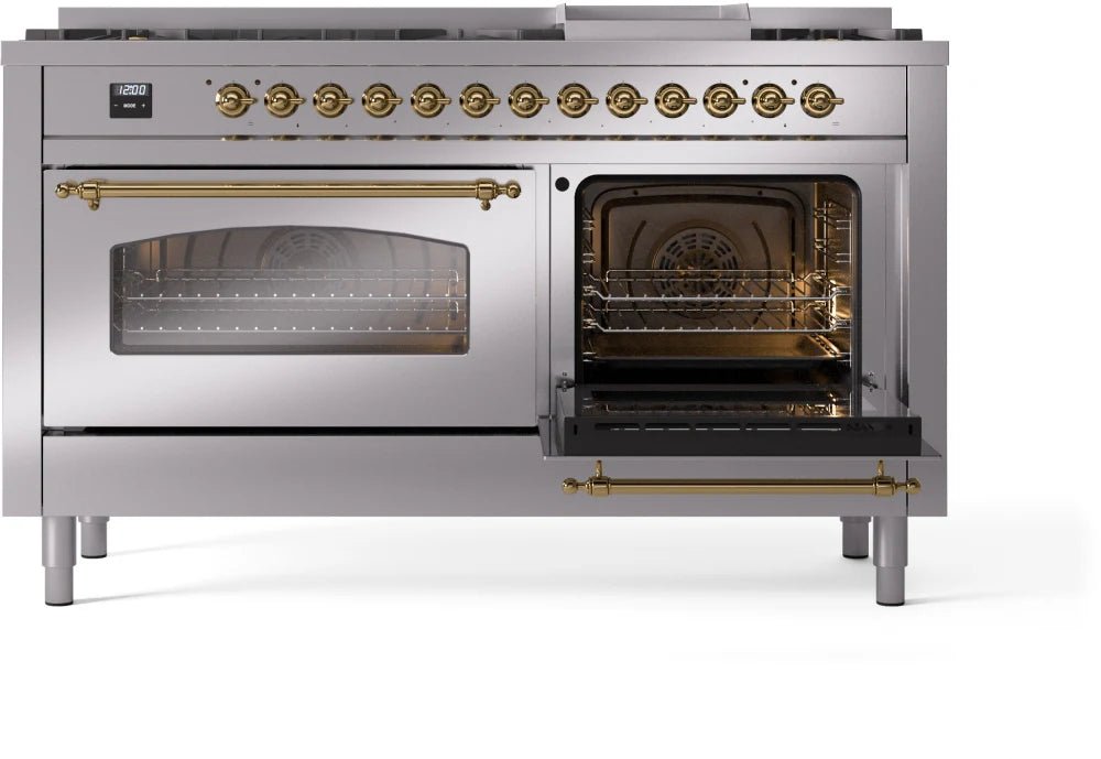 ILVE Nostalgie II 60-Inch Dual Fuel Natural Gas Range with Brass Trim - Stainless Steel Professional Stove for Gourmet Cooking | Perfect for Home Chefs & Luxury Kitchens