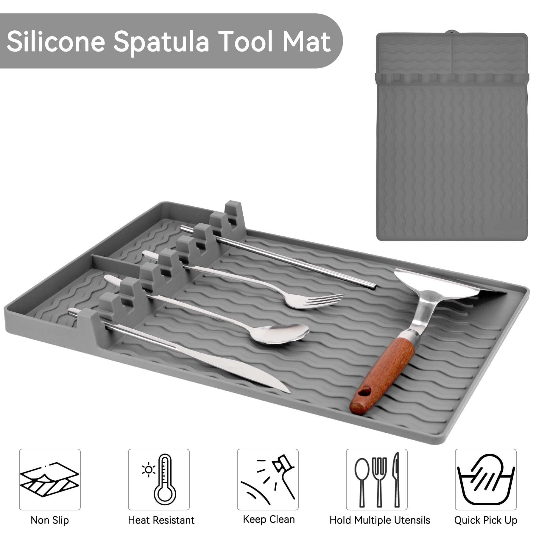 Premium Silicone Griddle Tools Mat for Blackstone Griddles - Large Non-Slip Spatula Holder with Drip Tray - Heat-Resistant Kitchen Countertop Organizer & BBQ Utensil Caddy (Gray) - Perfect for Outdoor Cooking, Backyard Grilling, and Camping Trips