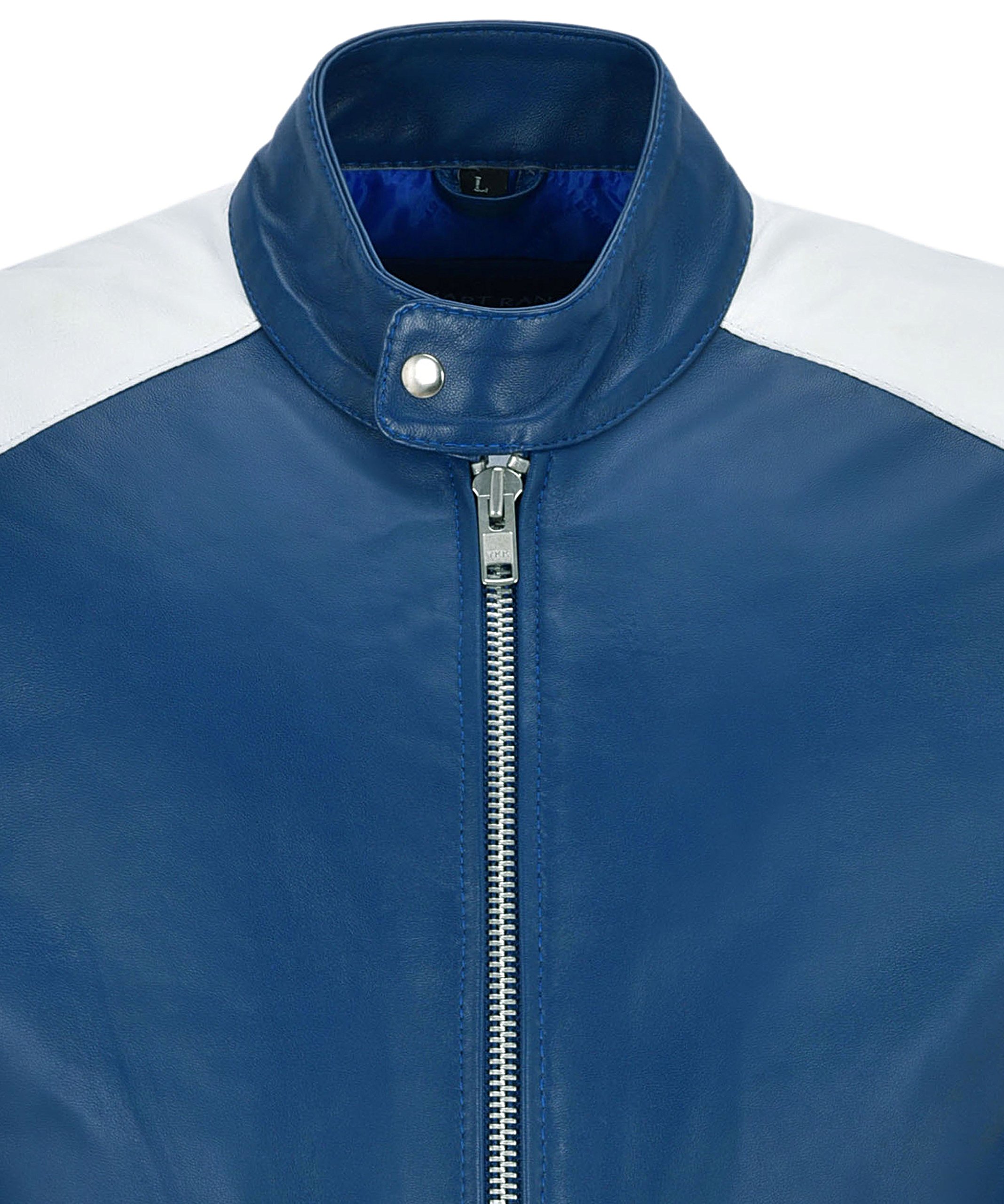 Men's Mayhem Genuine Leather Biker Jacket - Blue & White Stripe Motorcycle Style for Riding & Casual Wear