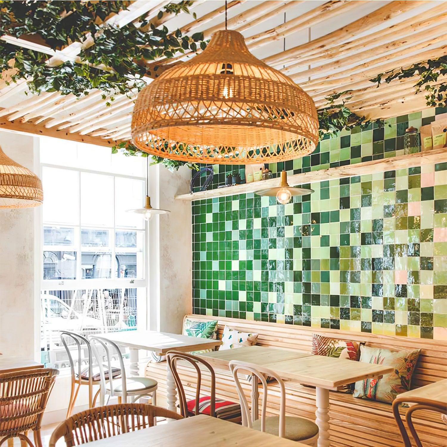 Handwoven Rattan Dome Pendant Light - Boho Chic Ceiling Fixture for Living Room, Bedroom & Dining Area