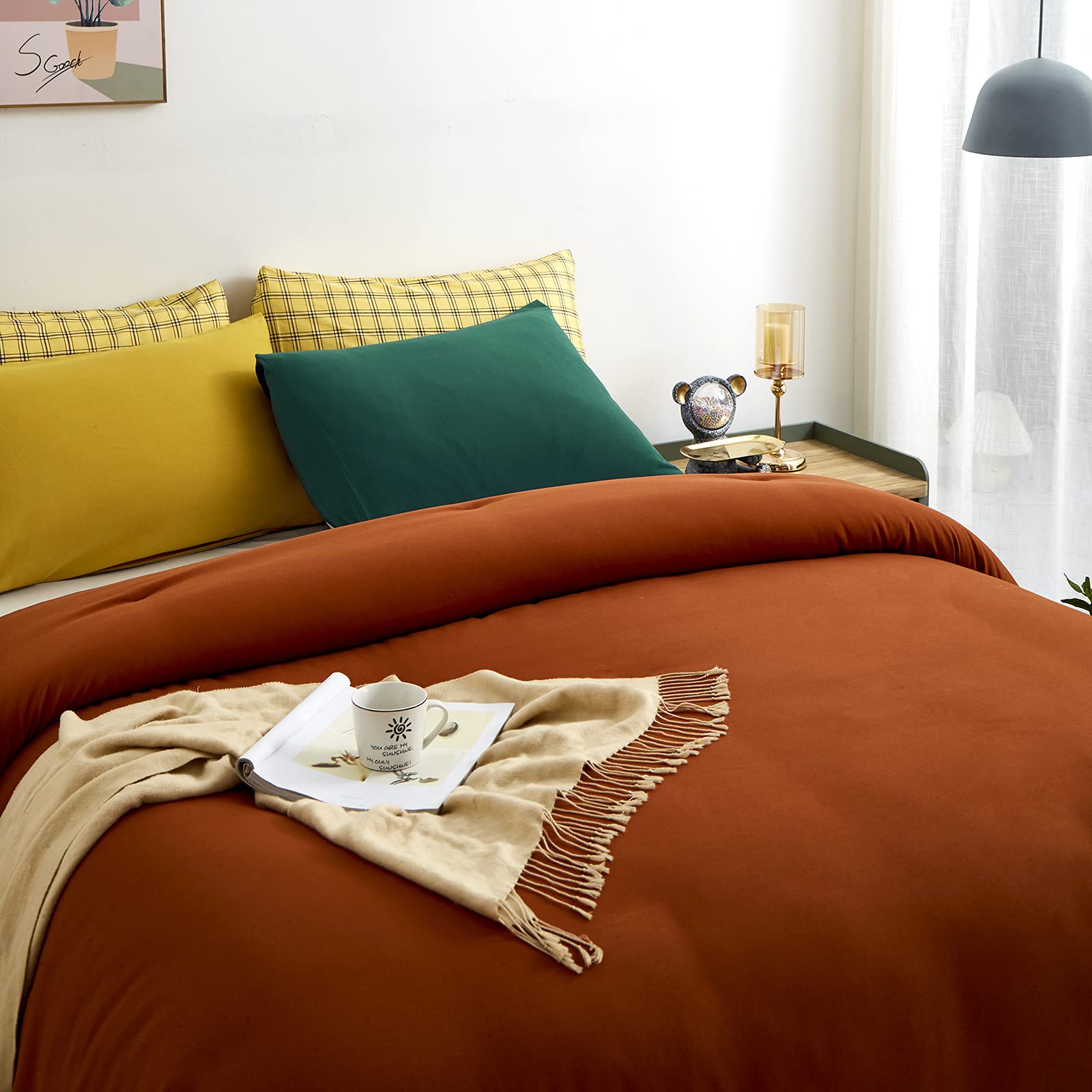 Burnt Orange Comforter Set Queen - 3 Piece Rust Bedding Set with Cozy Blanket for Full/Queen Bed - Solid Caramel & Reddish Brown Comforter for Women & Men - Perfect for Fall & Winter Bedroom Decor