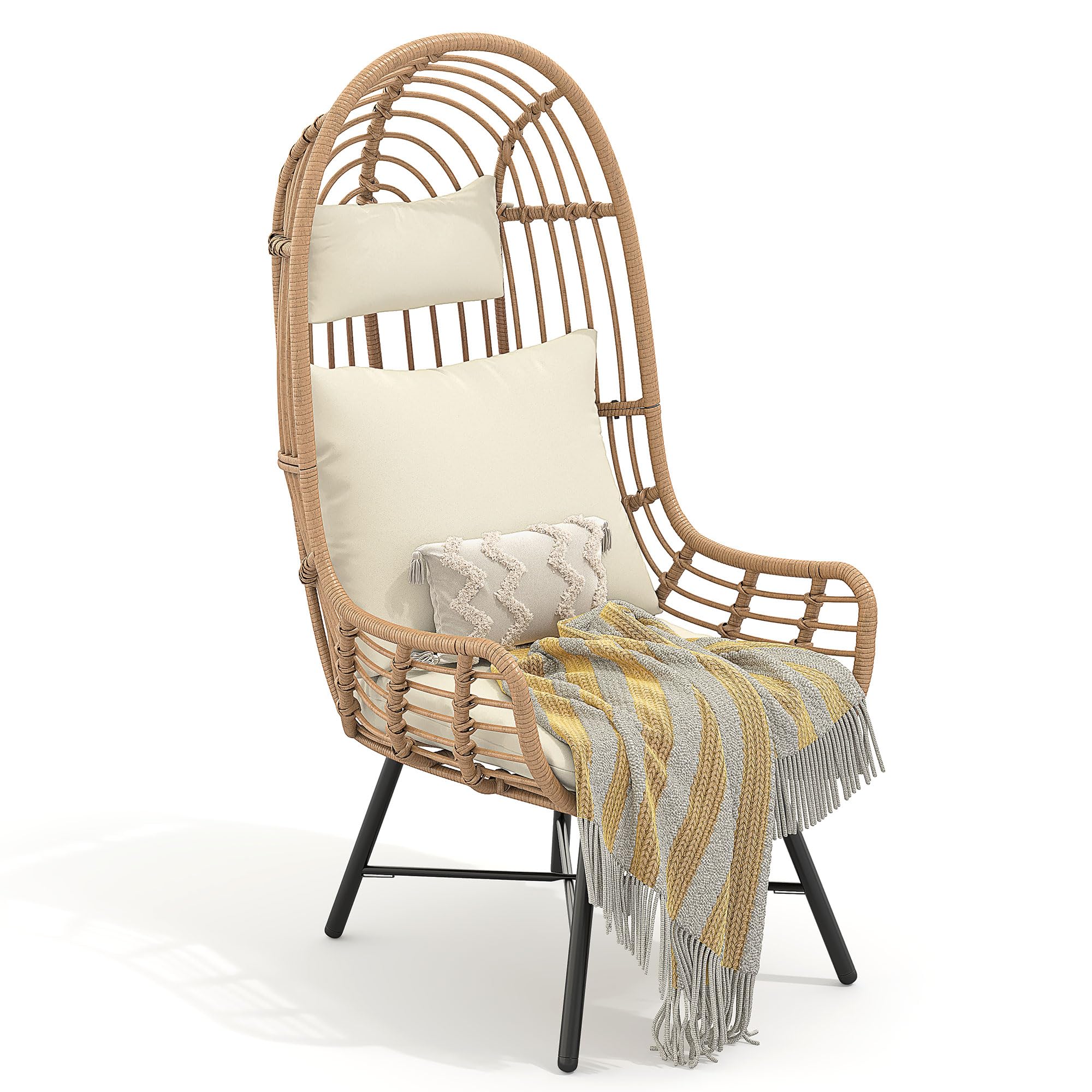 YITAHOME Outdoor Narrow Egg Chair - Patio Wicker Hanging Basket Chair with 370lbs Capacity, Indoor Egg Chair with Stand & Cushion - Cocoon Chair for Bedroom, Garden, Balcony - Perfect for Relaxing, Reading & Sunbathing (Beige)