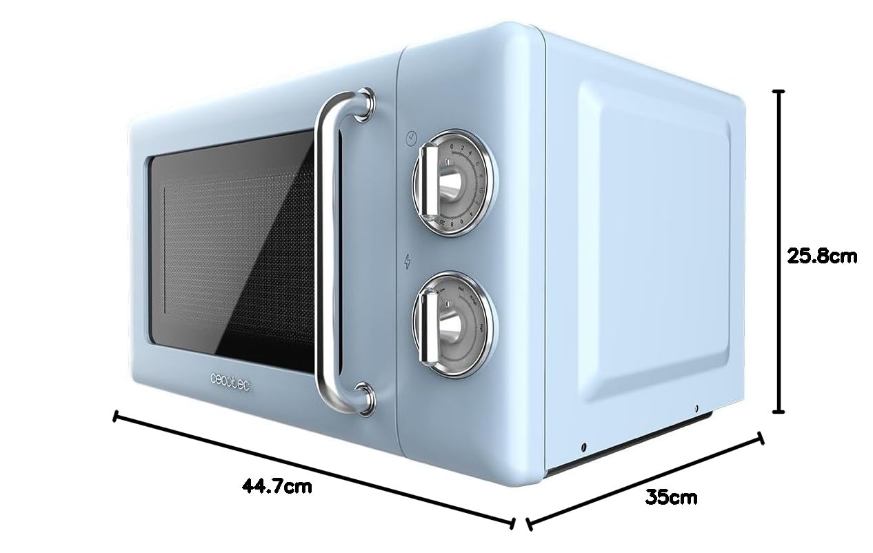 Cecotec 20L Mechanical Microwave Oven - 700W, 6 Power Levels, 30-Minute Timer, Defrost Function, Retro Blue Vintage Design with Steel Finishes - Perfect for Small Kitchens, Dorms & Office Break Rooms