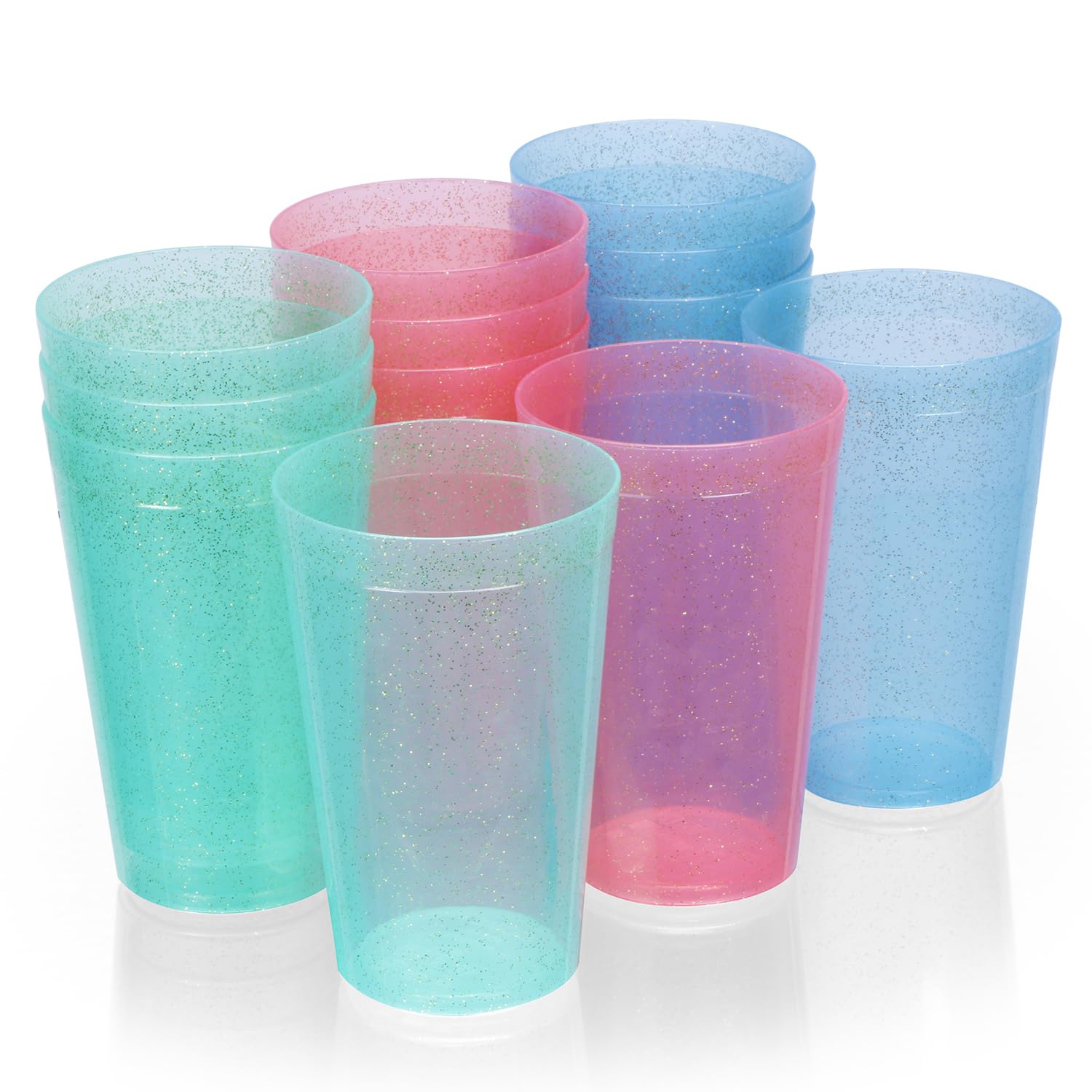 COMET Reusable Plastic Party Glasses - 12-Pack 500ml BPA-Free Leak-Proof Drinking Cups with Glitter Finish (Red, Blue, Green) for House Parties, BBQs, Weddings & Outdoor Events